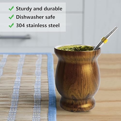 Miniatura 4 de Artcome Juego de 4 tazas de yerba mate de acero inoxidable  1 taza mate de acero inoxidable de doble pared de 8.5 onzas (madera), 2 bombillas (paja