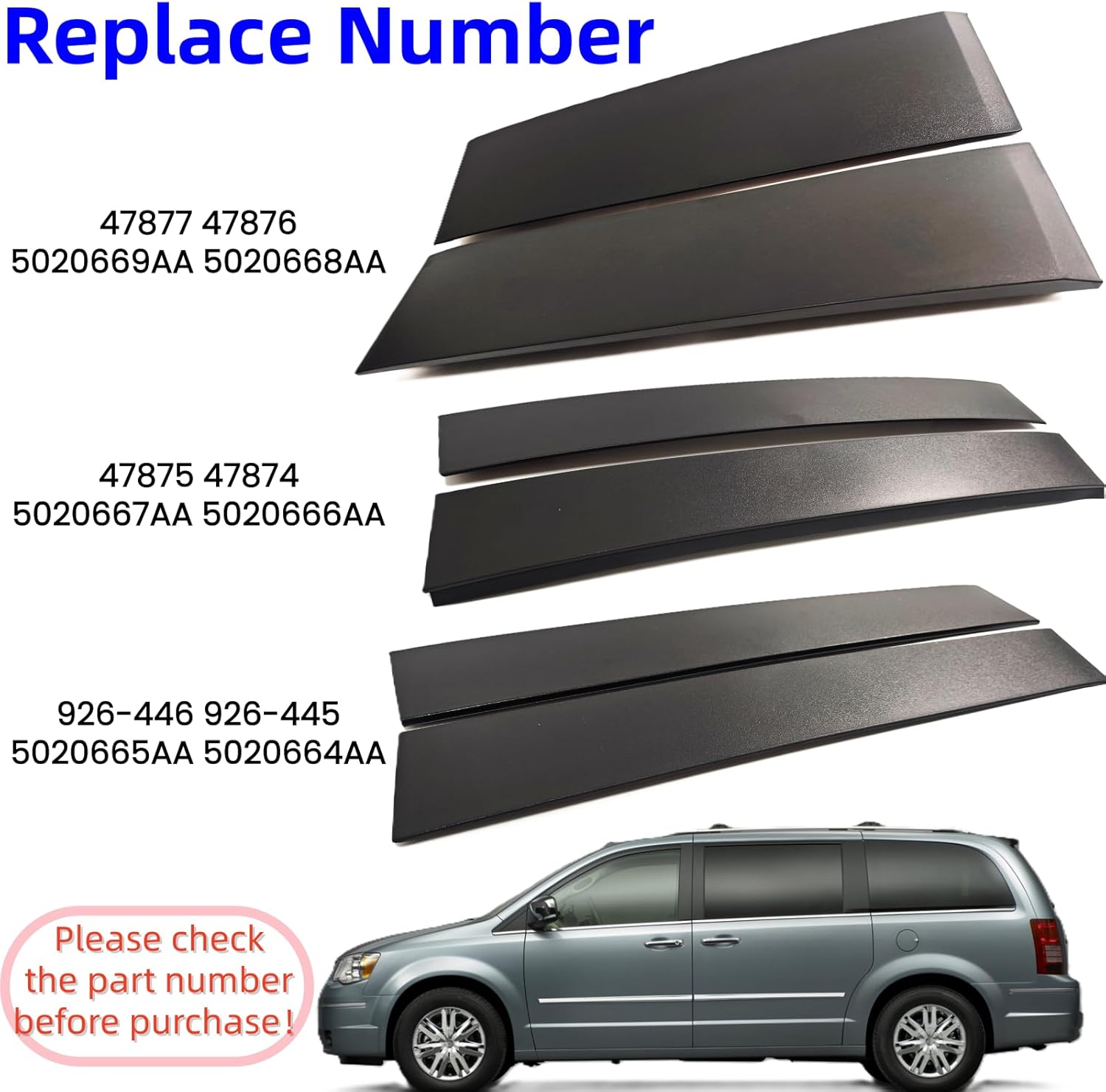 Door Pillar Trim Molding Window Trim B C Pillar Applique（6Pcs）Fit for Chrysler Dodge Ram Town & Country Grand Caravan C/V 2008-2020 Replaces 5020664AA 5020665AA 5020666AA 5020667AA 5020668AA 5020669AA