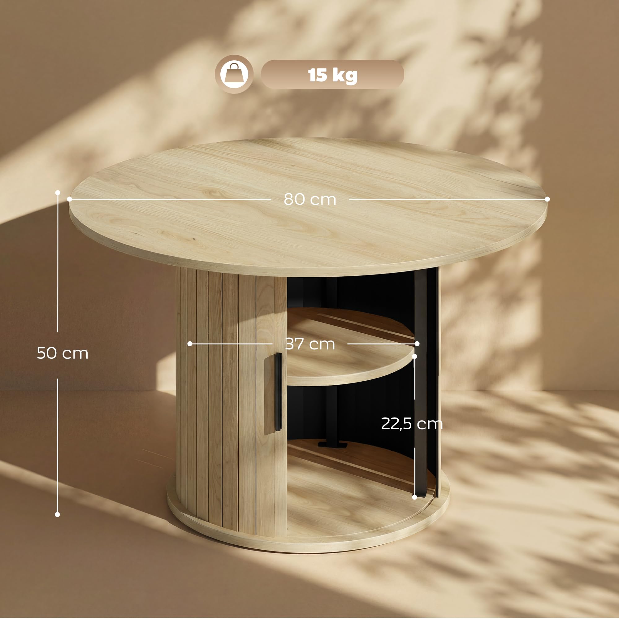HOMCOM Table Basse Ronde, Table de Salon avec Rangement, Porte coulissante à Lattes, 2 étagères, Patins en Feutre, Style Moderne, pour Salon, Bureau, Ø 80 x 50 cm, Effet Bois Naturel