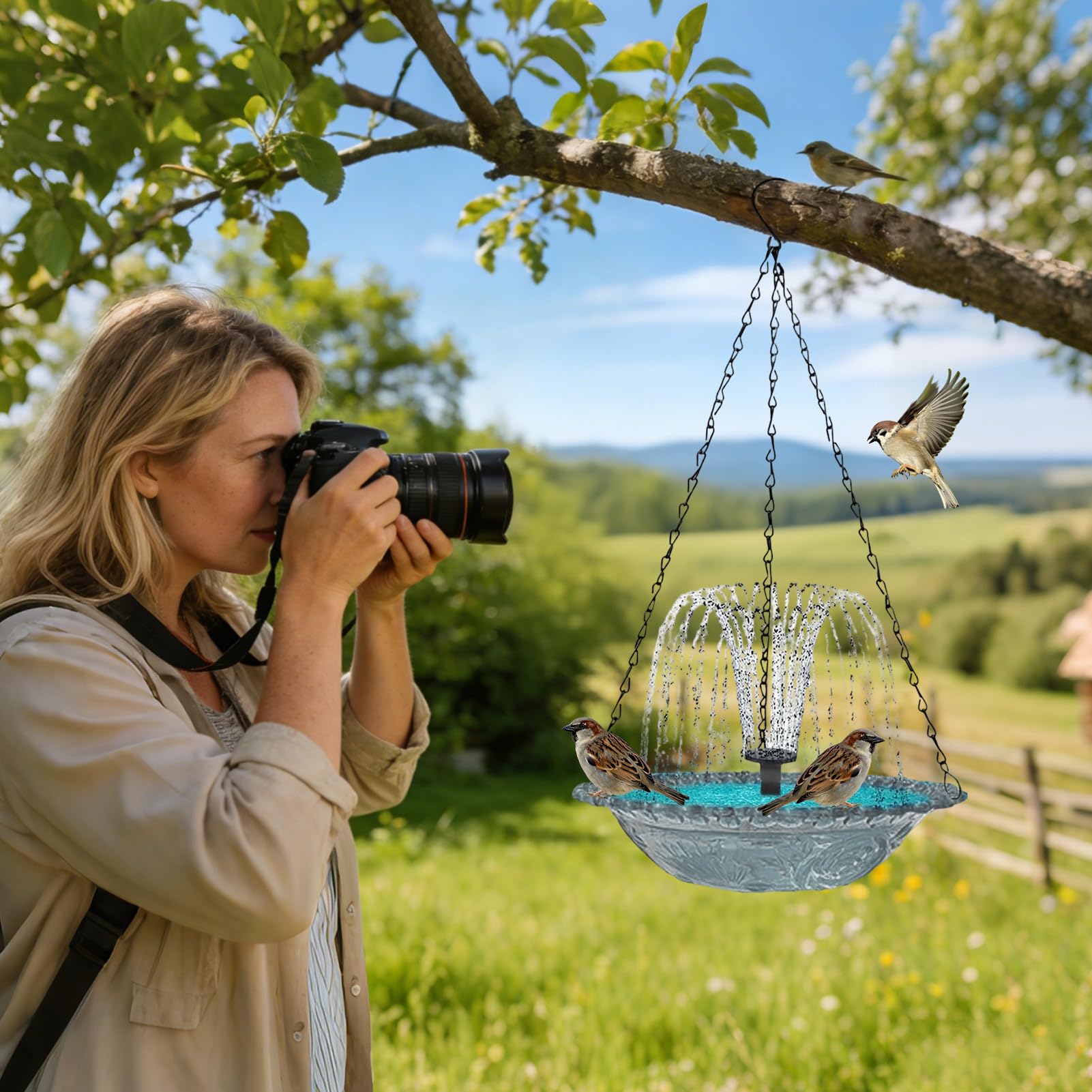 Solar Bird Bath - Hangable Hummingbird Shower Bowl with Solar Fountain Pump for Continuous Water Flow, Eco-Friendly Outdoor Water Feature for Garden Patio Backyard, Resin Material, 9.25x9.25x18inches
