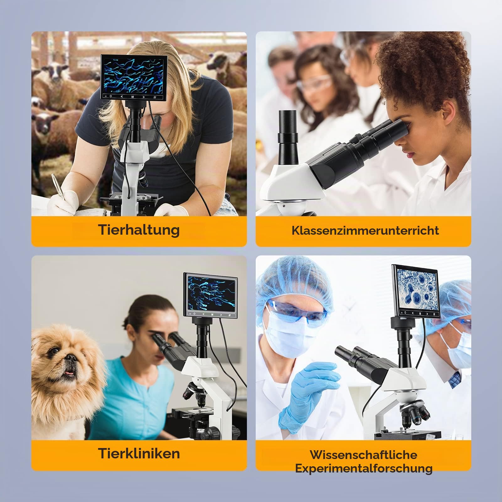 Laborkomplexes Trinokulares Mikroskop mit 40X-2500X Vergrößerung und 5MP 7-Zoll LCD-Bildschirm, zweischichtiger mechanischer Bühne für Tierhaltung, Tierkliniken, Labor