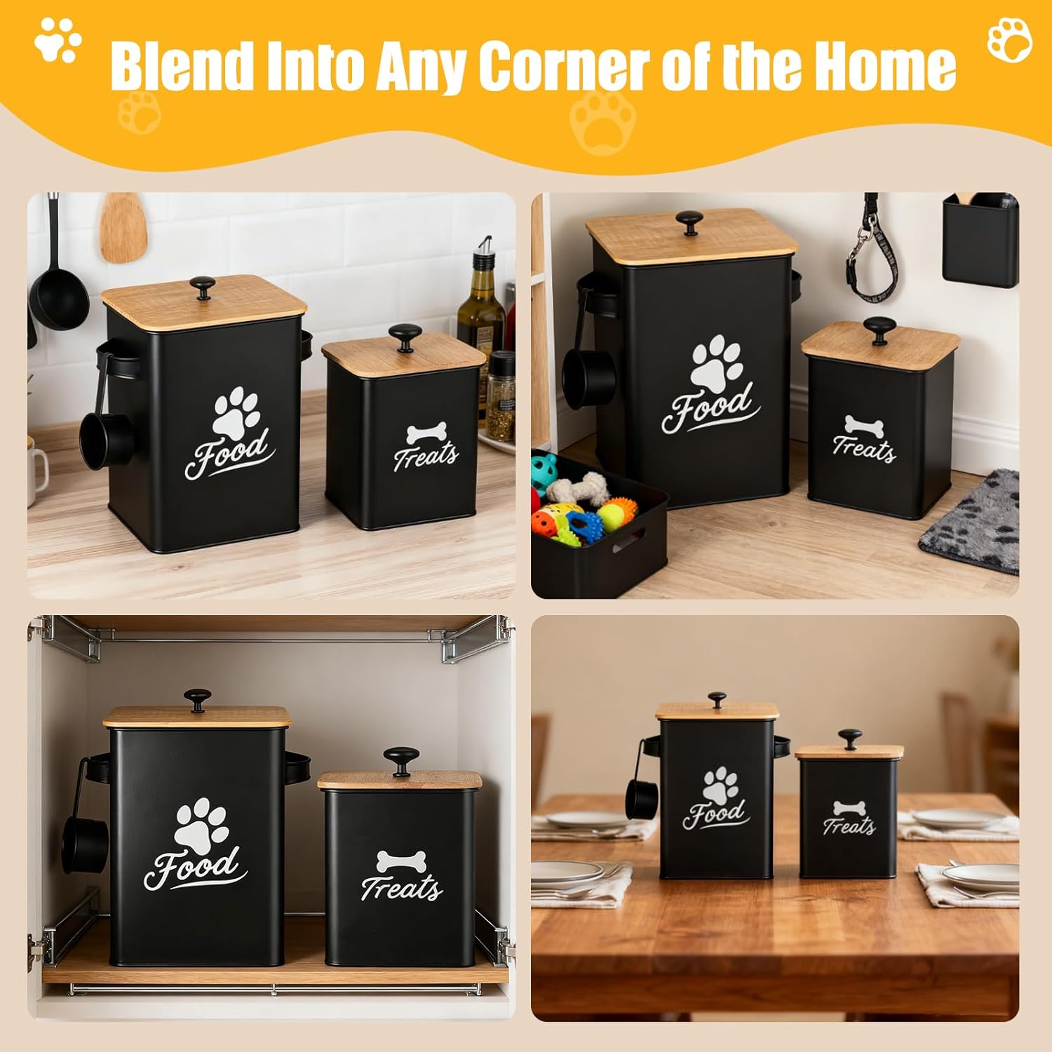 Dog Treat Container Set of 2, Dog Food Storage Containers with Airtight Lids, Metal dog treat jars for Kitchen Countertop, Pet Cookie Canister to Keep Treats Fresh, 9.4''×7.1''×9.6", Black