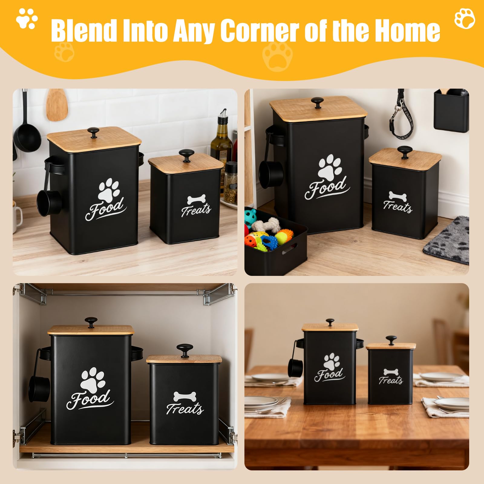 Contenitori per Biscotti per Cani Set da 2, Barattoli in Metallo con Coperchi Ermetici, Contenitore per Alimenti per Animali da Cucina, Mantenimento Freschezza Snack, 24×18×24,5 cm, Nero
