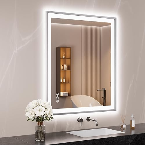 Miniatura 70 de Espejo de baño LED de 20x28 pulgadas con marco negro, espejos de baño retroiluminados y con luz frontal para pared, antiempañamiento, regulable, con