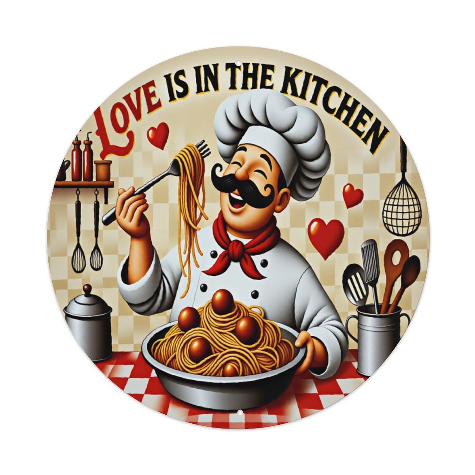 Love Is In The Kitchen Italian Chef Spaghetti Cartoon Round Sign Vintage Aluminium Metal Sign, Retro Wall Decor for Home, Bar, Garage & Farmhouse 20x20cm