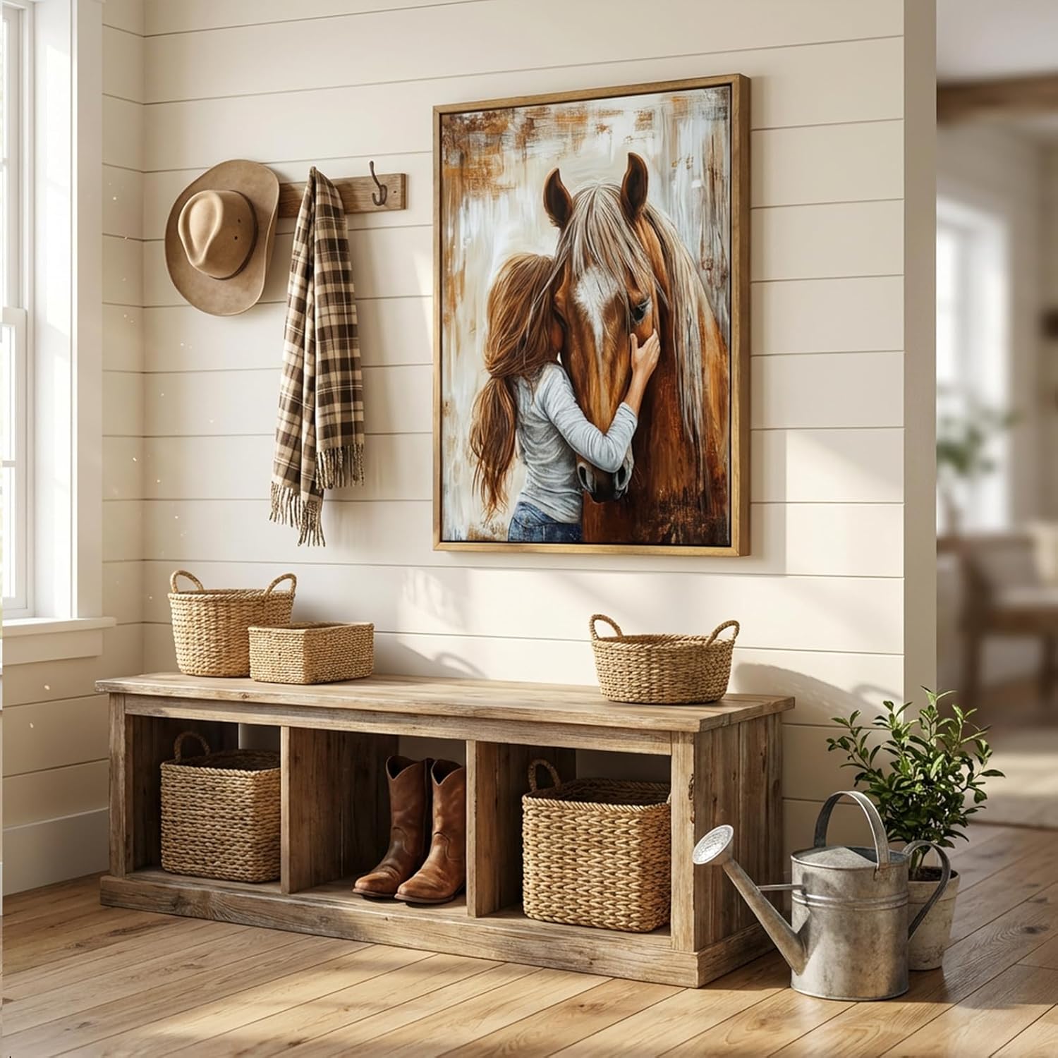 Framed Horse Canvas Wall Art Girl and Horse Rustic Farmhouse Equestrian Pictures Wall Decor for Girls Bedroom, Western Country Art for Living Room Study (12x16in)