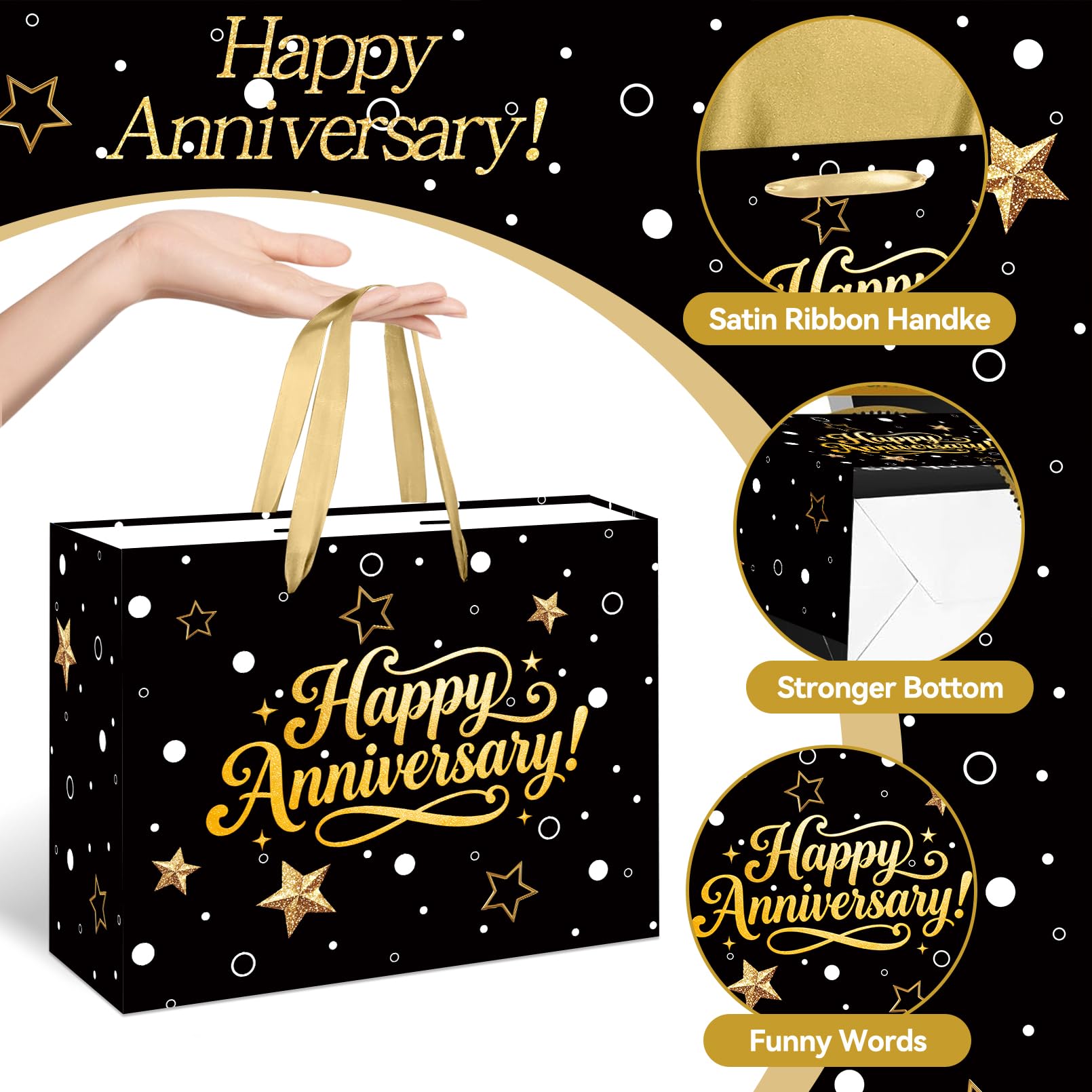 Black Gold Happy Anniversary Party Gift Bag - Large Wedding Gift Wrapping Bag with Tissue Paper and Greeting Card, Ideal for Wedding, Parents, 50th Golden Jubilee & Work Anniversary Party Decorations