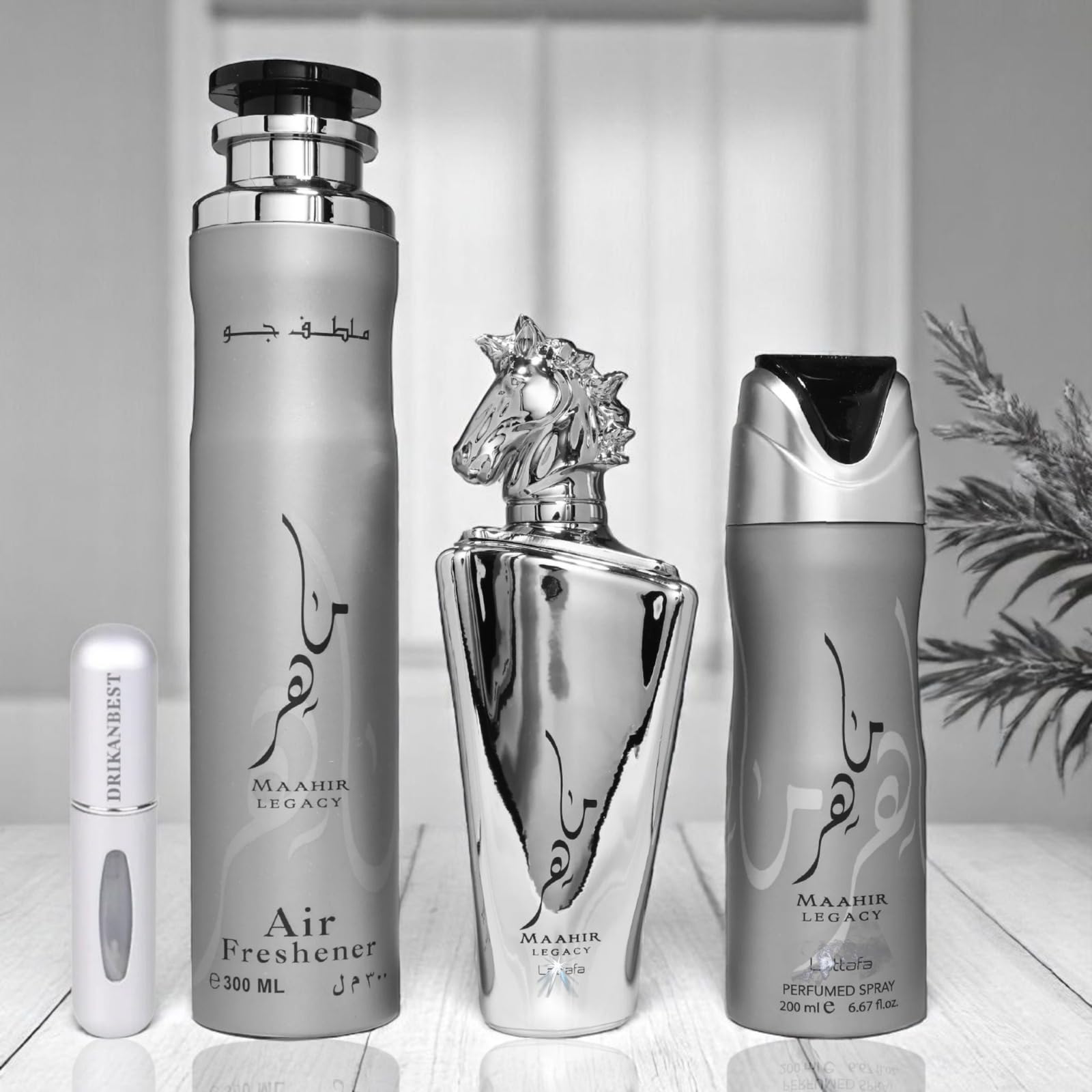 Set Maahir Legacy 3 Piezas – Perfume 100ml + Desodorante 200ml + Ambientador 300ml | Aroma Elegante y Duradero + Regalo Atomizador Recargable Drikanbest 5ml
