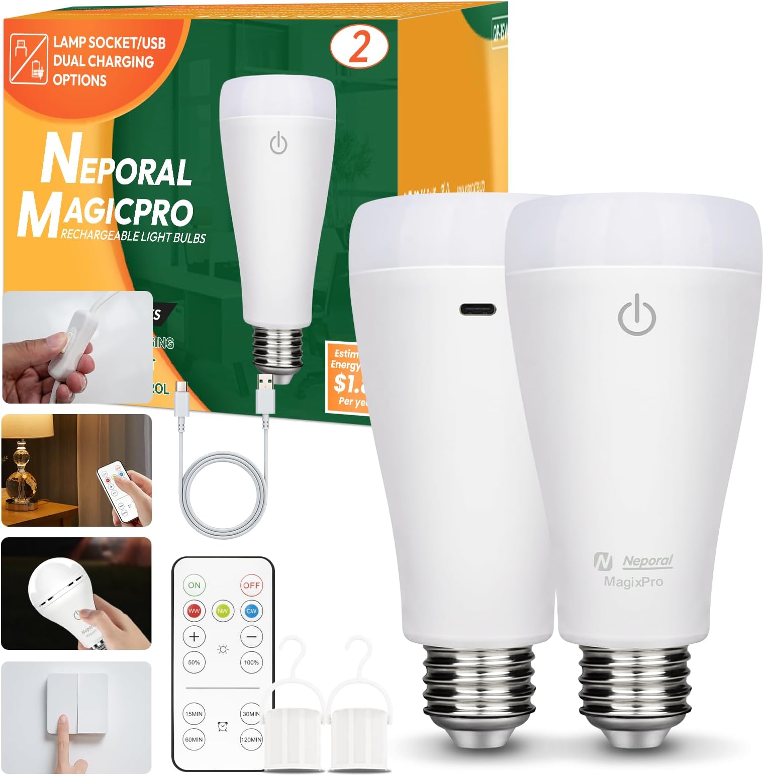 MagixPro Rechargeable Light Bulbs with Remote, USB + Socket Rechargeable, 1800mAh Large Battery Light Bulb, 3 Color Shift + Stepless Dimmable, A19 E26 Emergency Light Bulb, 15W (MagicPro, 2)