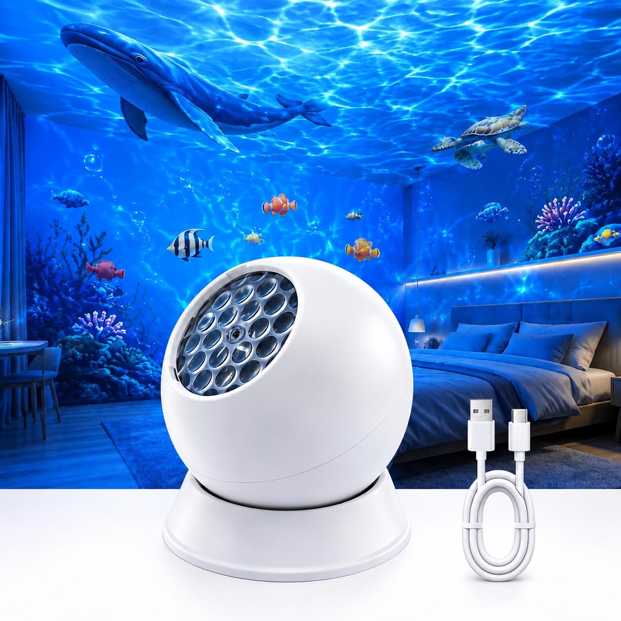 runpeak Ocean Projector Light, Dynamic Rotating LED Projector Light, Ocean Wave Projector, 360° Rechargeable USB Ocean Wave Night Light for Bedroom Living Room, Energy Class D