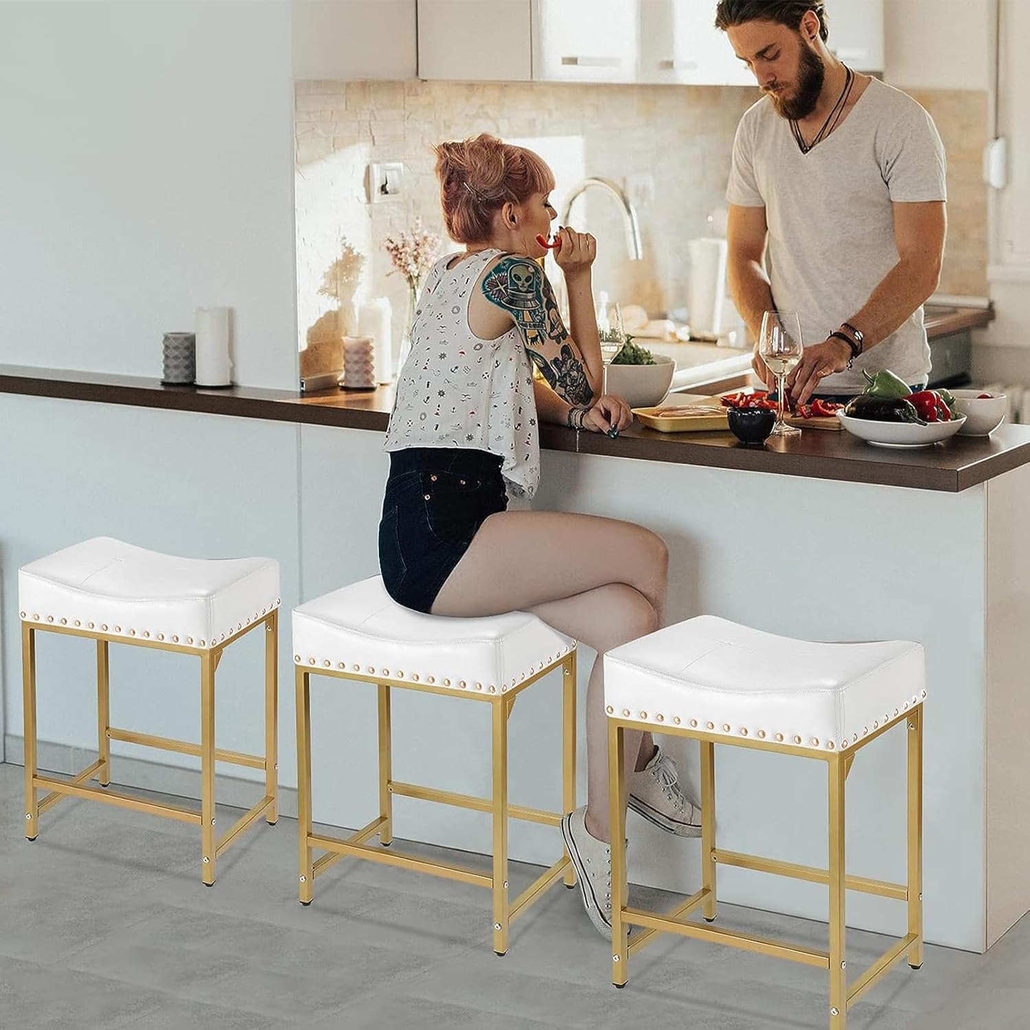 Bar Stools Set of 4 Counter Height, 24 Modern Off White & Gold Counter Stools Set of 4, Stools for Kitchen Counter, Modern Barstools Saddle Stool Backless Island(Off White Gold)