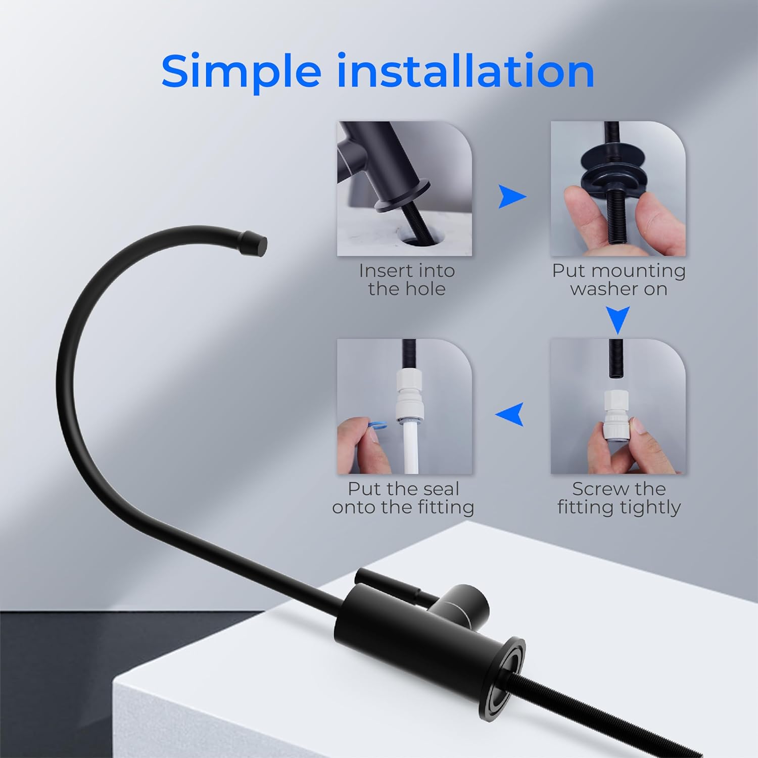 Diagram showing simple installation steps for the Waterdrop faucet: inserting into hole, putting on mounting washer, putting seal onto fitting, and screwing fitting tightly.