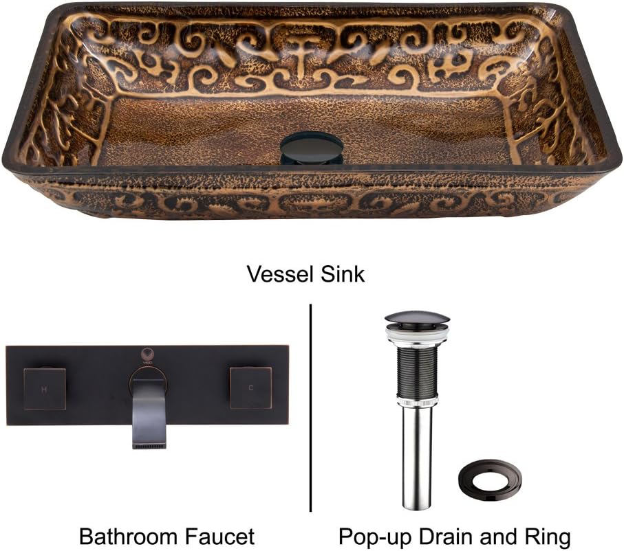 Best Deal VIGO Rectangular Golden Greek Glass Vessel Bathroom Sink and Titus Wall Mount Faucet with Pop Up, Antique Rubbed Bronze