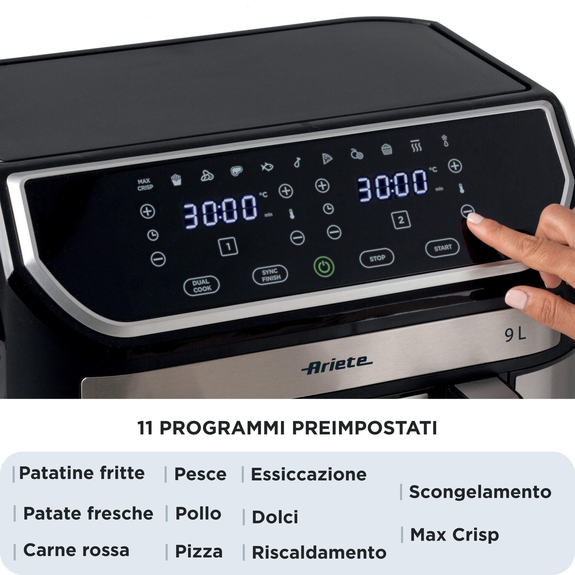Ariete 4625 Friggitrice ad aria 9L, 2100W, Capacità 9L, Doppio cestello, Capacità di cottura 3,6kg, 11 programmi preimpostati, Funzione Max Crisp, Temperatura fino a 200°C, Antiaderente, Silver