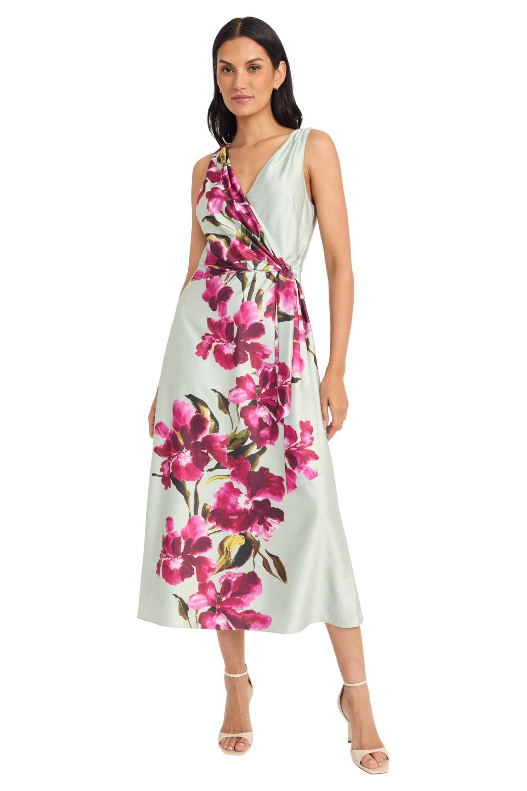 Maggy London Womens Women's V-Neck Sleeveless Charmeuse Wrap Midi Dress with Self-tie Belt - Special Occasion Wedding Guest Dress