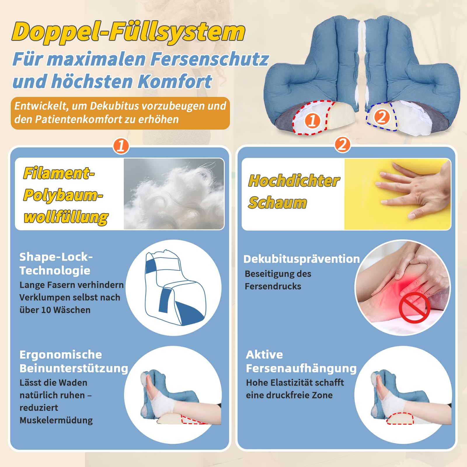 Fersenpolster gegen Druckgeschwüre mit warmem Muster – Fußkissen zur Heilung von Fersenschmerzen und Verletzungen, ideal für ältere oder bettlägerige Personen (Einfache blaue Streifen)