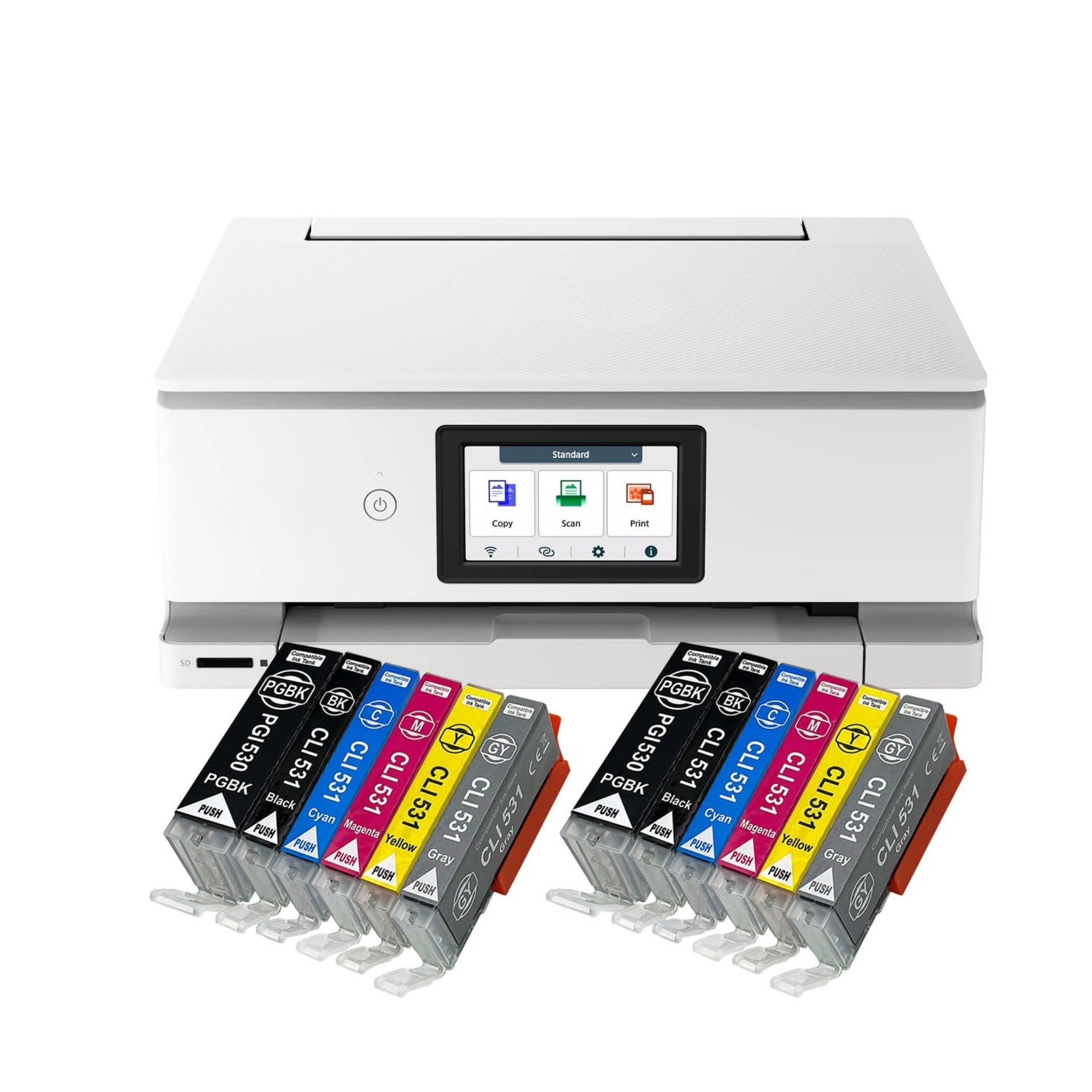IC-Office TS8751 Impresora multifunción de inyección de tinta 3 en 1 (impresión, copia, escaneo, tarjeta SD, dúplex, WLAN, Airprint), blanco + 12 cartuchos de tinta XXL