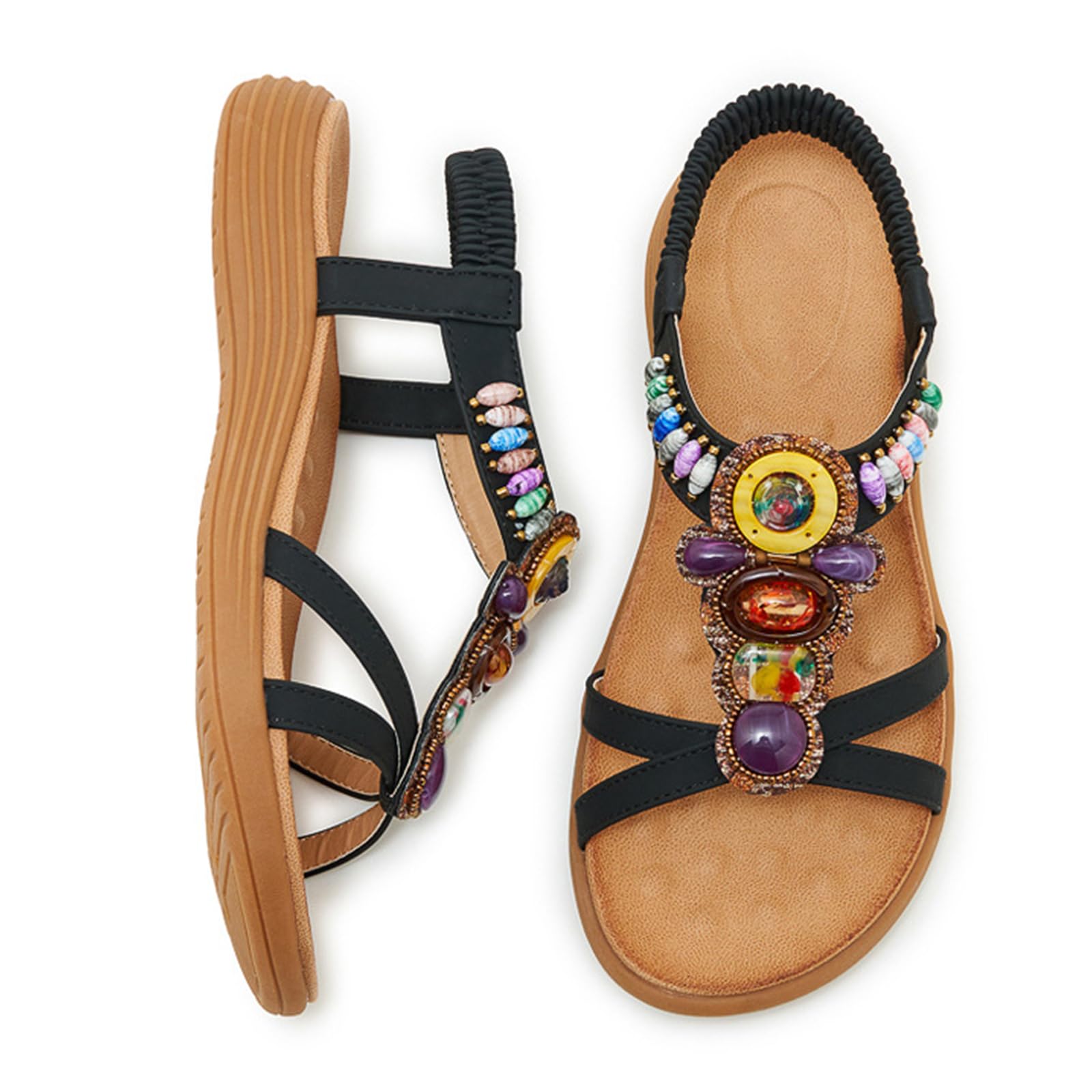 Sandali boho donna slip on zeppa punta aperta estate | outfit spiaggia vacanze, scene mare, cinturini decorativi con perline, stile estivo casual