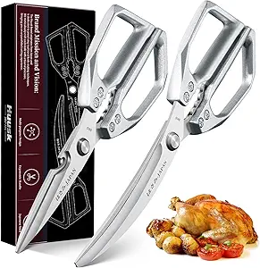 HUUSK Kitchen Scissors Set Silver - Stainless Steel Kitchen Shear, Sharp Meat Scissors Dishwasher Safe, Heavy Duty Poultry Shears, Japanese Cooking Scissor for Food, Christmas Gifts for Men Women