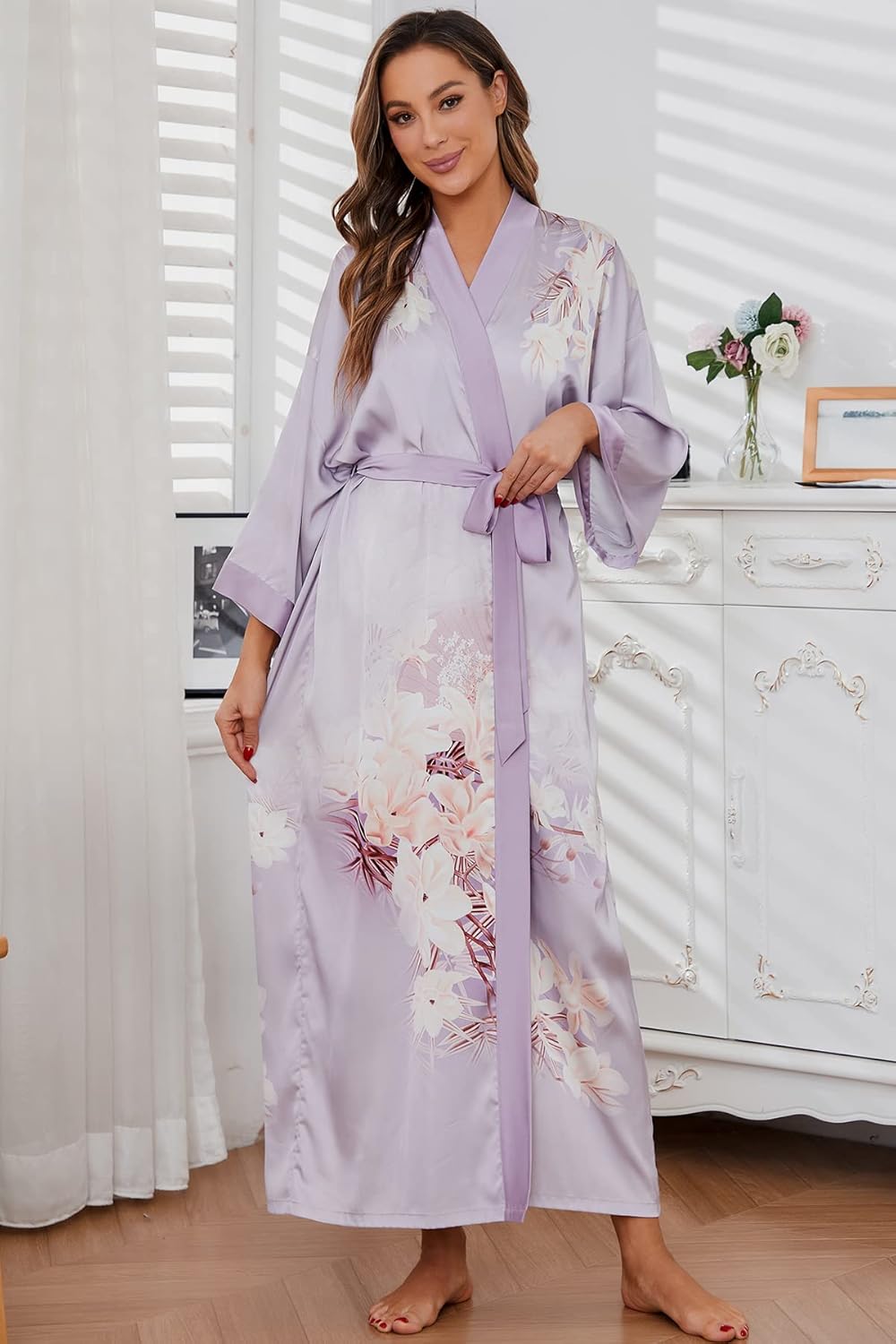 Women's Silk Kimono Robes Long Bathrobes Female Sleepwear Floral Print Wedding Robe Nightgown Satin Bridesmaid Robes - Image 3