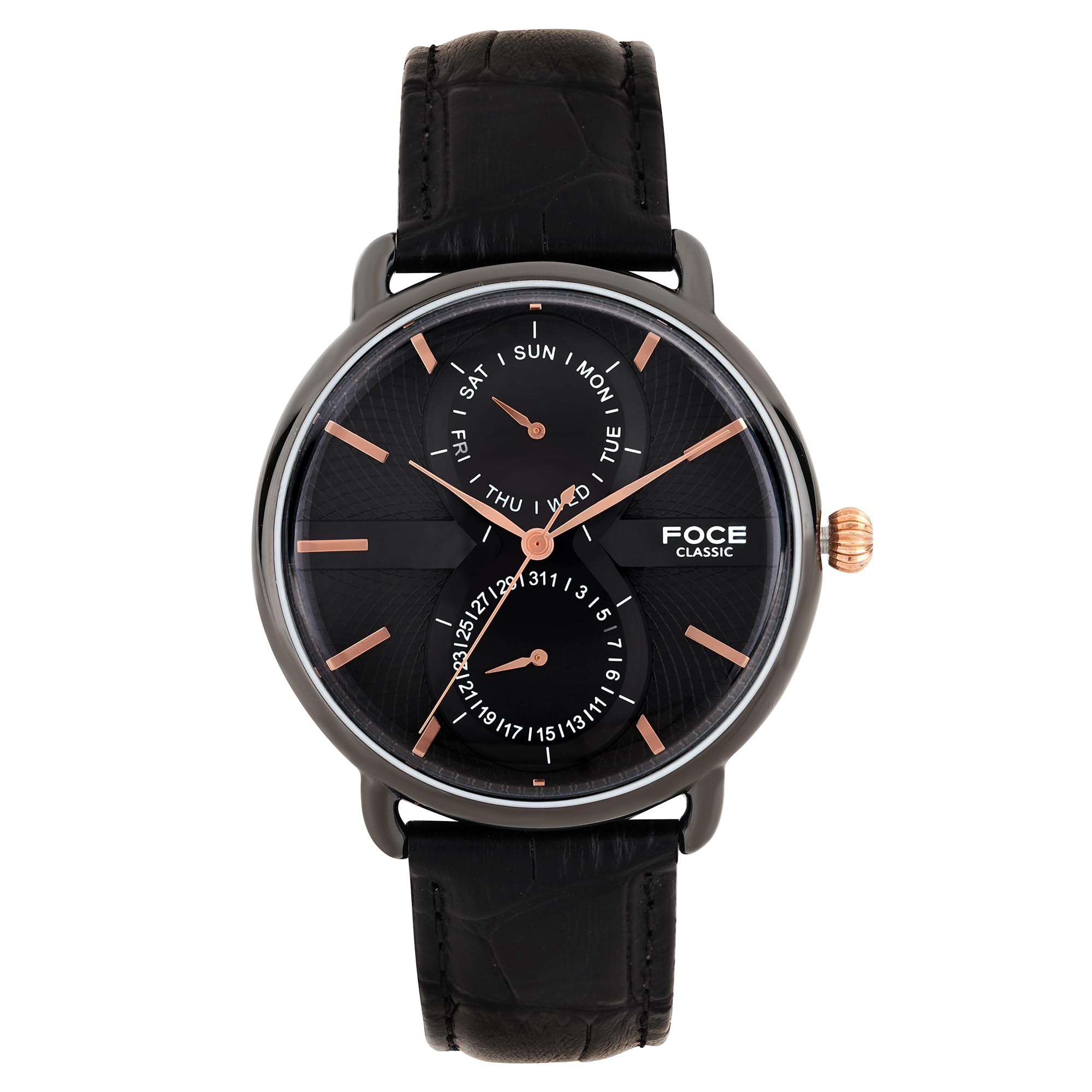 Foce Premium Black Case Mens Watch, Black Dial, Black Leather Strap, Day, & Date Subdials, Curved Dome Glass, Model FC11BBL-BLACK (B078Q4Y7L5) Amazon Price History, Amazon Price Tracker