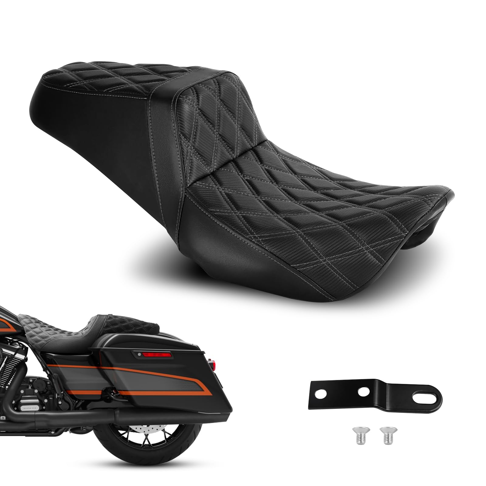 Photo 1 of Xitqiooo One-Piece Seat Driver & Passenger Seat 2-Up Fit For 2008-2025 2026 Harley Touring Road King FLHR Road Glide FLTR Street Glide FLHX Electra Glide Ultra Limited FLHT, Black Stitching