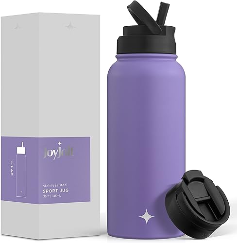 Vista 17 de JoyJolt Botella de agua con triple aislamiento con tapa de popote y tapa abatible. Botella de agua grande de 32 onzas, botella de acero inoxidable