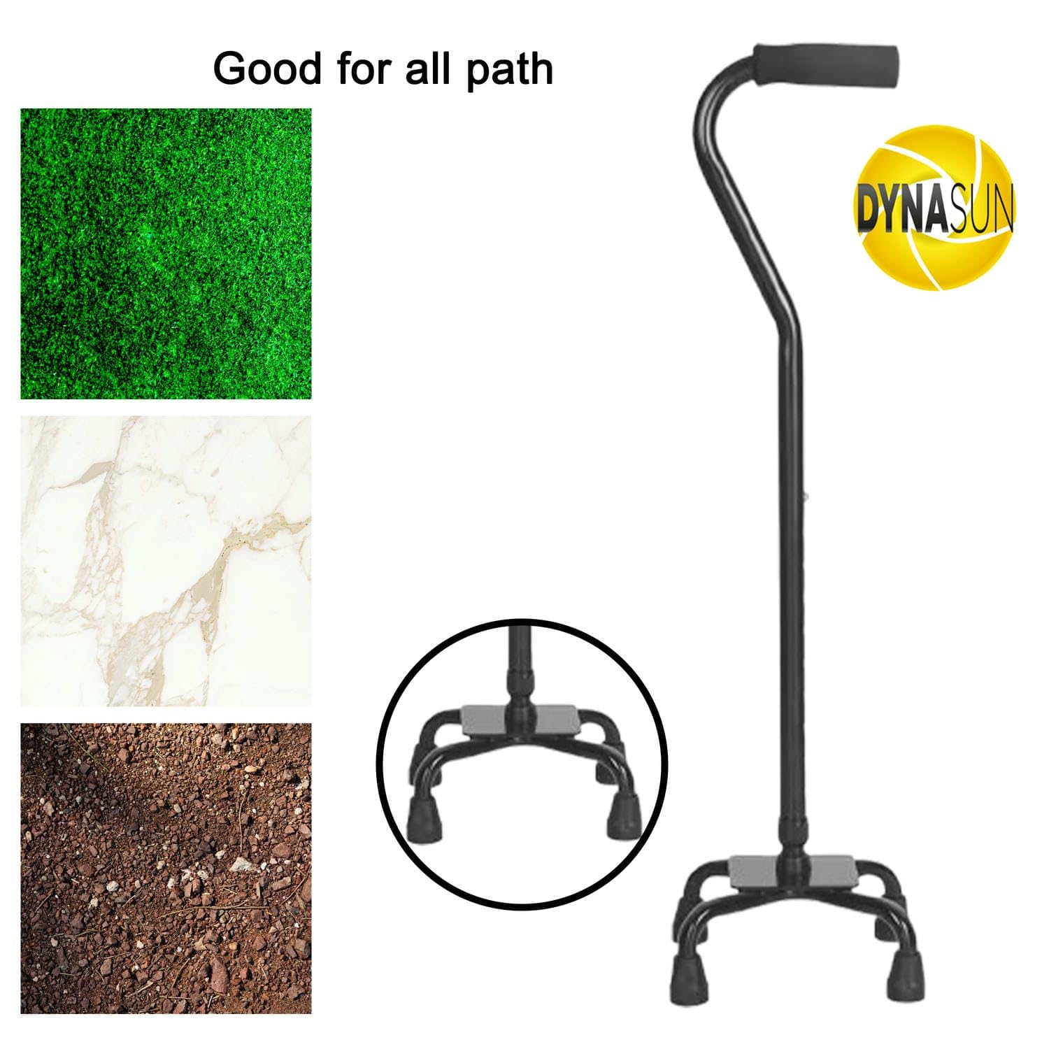 Bastone da passeggio ergonomico a quattro piedi DynaSun F307 ausilio per la deambulazione regolabile, stampelle con impugnatura morbida e imbottita per anziani, uomini e donne