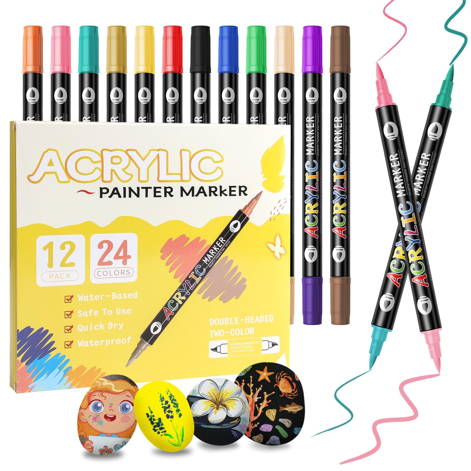 24 Colores Rotuladores Acrílicos, 12 Rotuladores Permanentes de Colores Rotuladores Pintura Acrílica Pincel Doble Punta Rotulador Acrilico para Pintar Piedras Cristal Cerámica Plastico Tela Metal