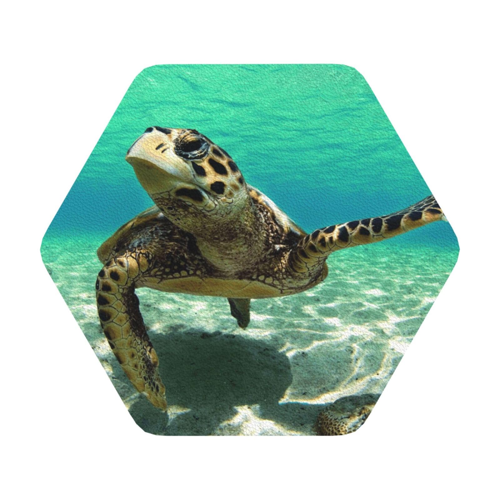 Sea Turtle PU Leather Coasters Set of 6 Hexagon Drink Coasters