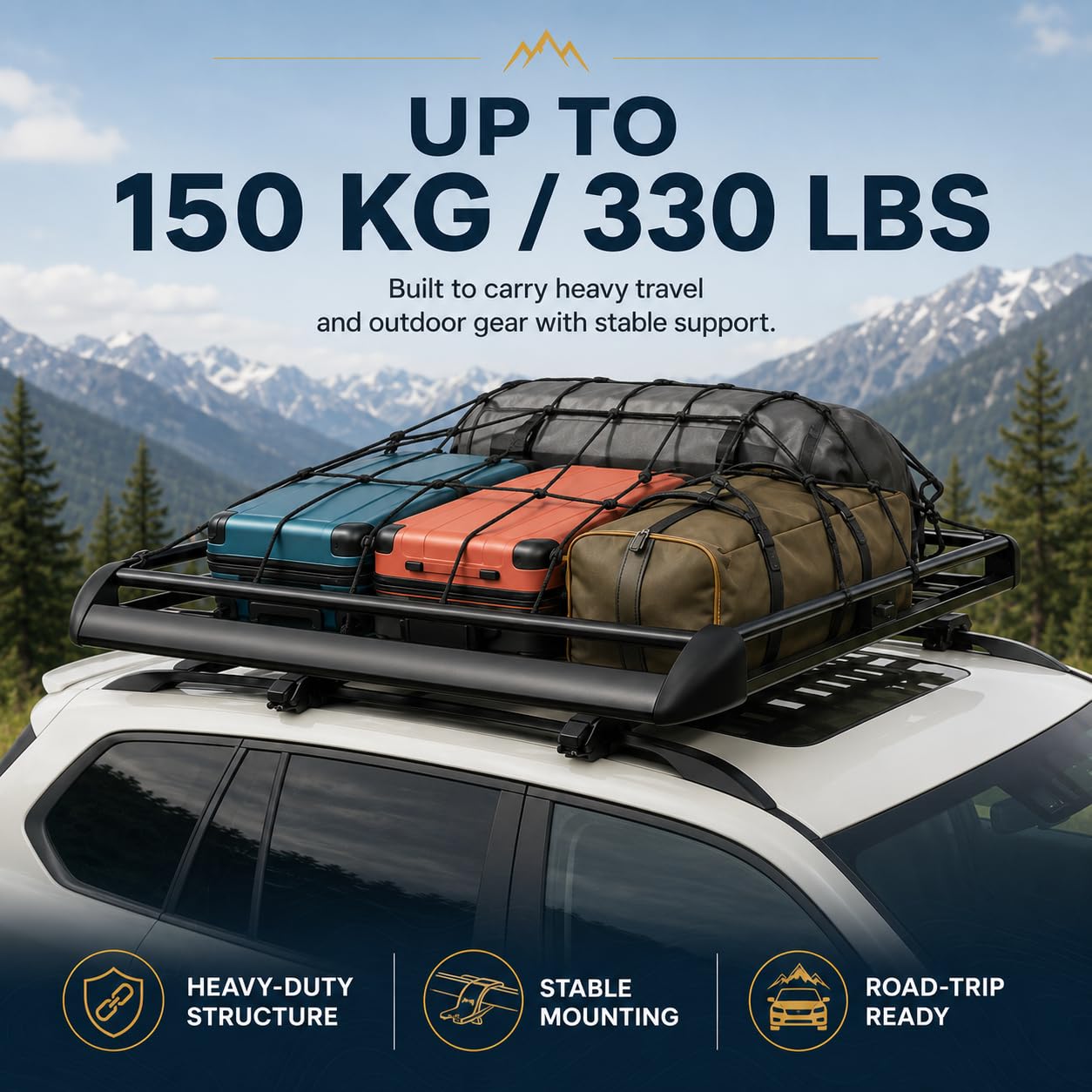 Barres de toit universelles en aluminium - Largeur réglable - Charge maximale 150 kg - Pour SUV, panier de toit, porte-cargaison - 140 x 100 cm - Noir