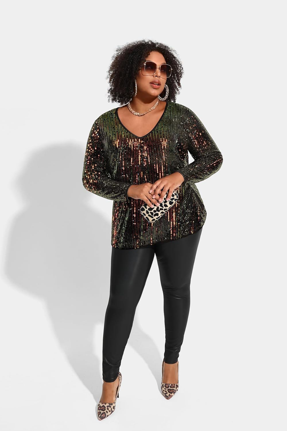 TIYOMI Plus Size Tops for Women Long Sleeve Sequins Party Tunic V Neck Casual Shirt Pleated Front Blouse Spring Winter XL-5XL - Image 5