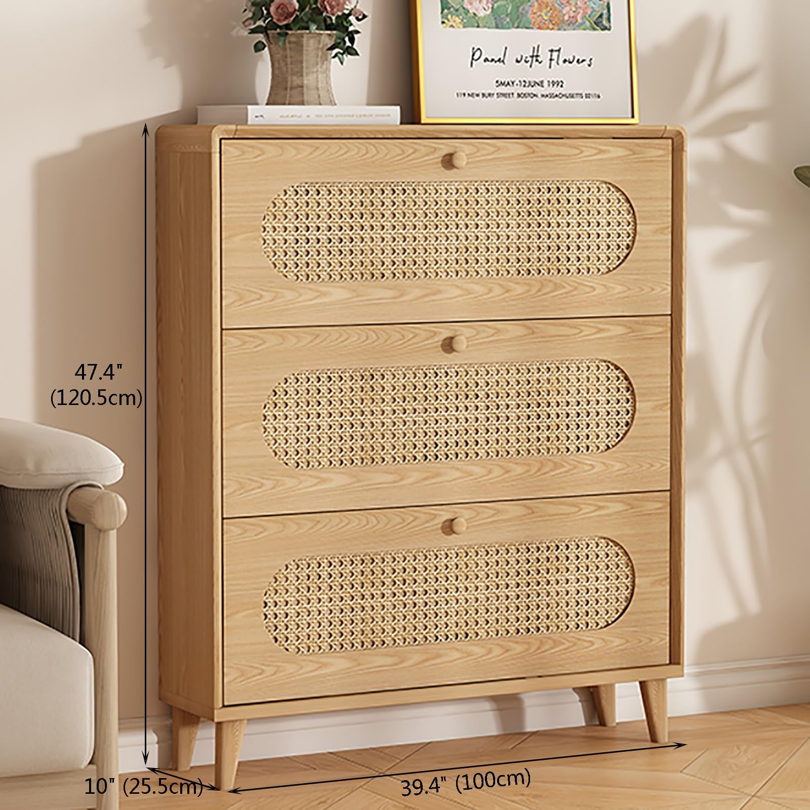 Scarpiera a Ribalta in Rattan Intrecciato Sottile con Cassetti a Ribalta, Mobile D'ingresso Di Grande Capacità per il Corridoio, Mobile D'accento Naturale con Ante in Rattan Fatte a Mano(39.4*10in)
