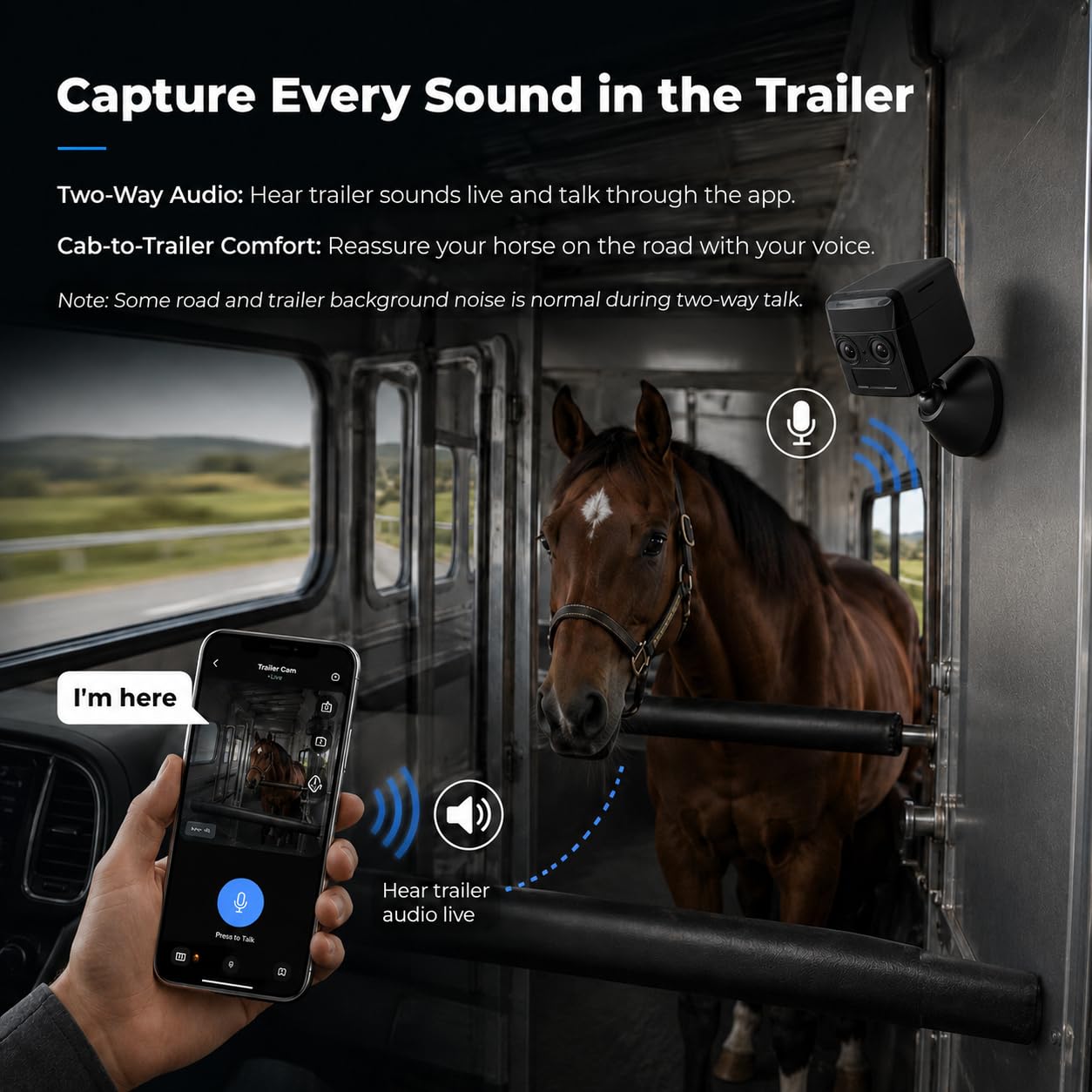 NomadEye Cámara Inalámbrica para Remolque de Caballos – Vídeo 4K en Directo al Móvil, Visión Nocturna, Audio Bidireccional, Batería de 15H, Soporte Magnético – Sin WiFi del Remolque