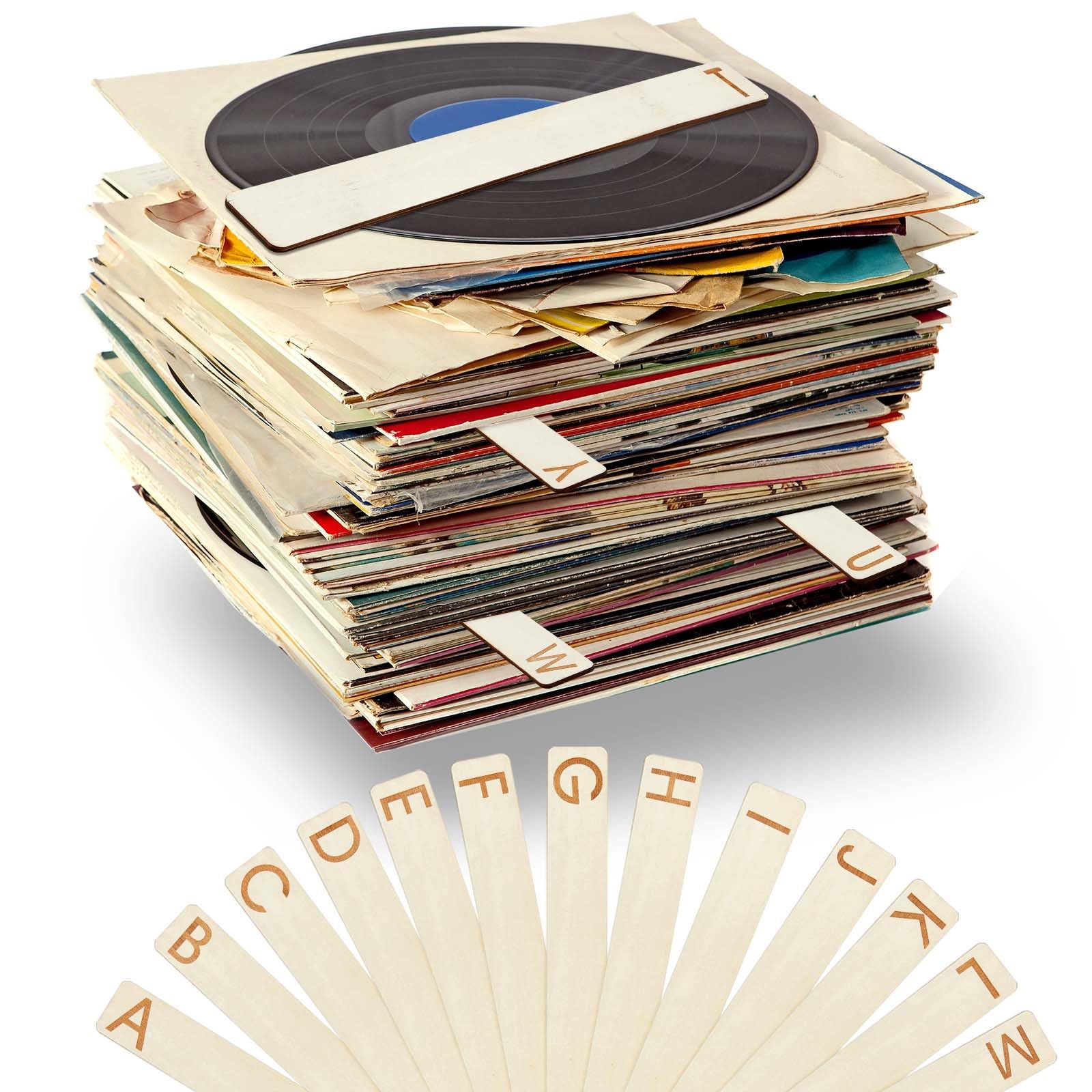Soaoo 26 divisores de discos de vinilo de madera alfabéticos A-Z de 2 caras, horizontales y verticales, separadores de discos de álamo, organización de álbumes de vinilo, separadores LP para CD (14.17