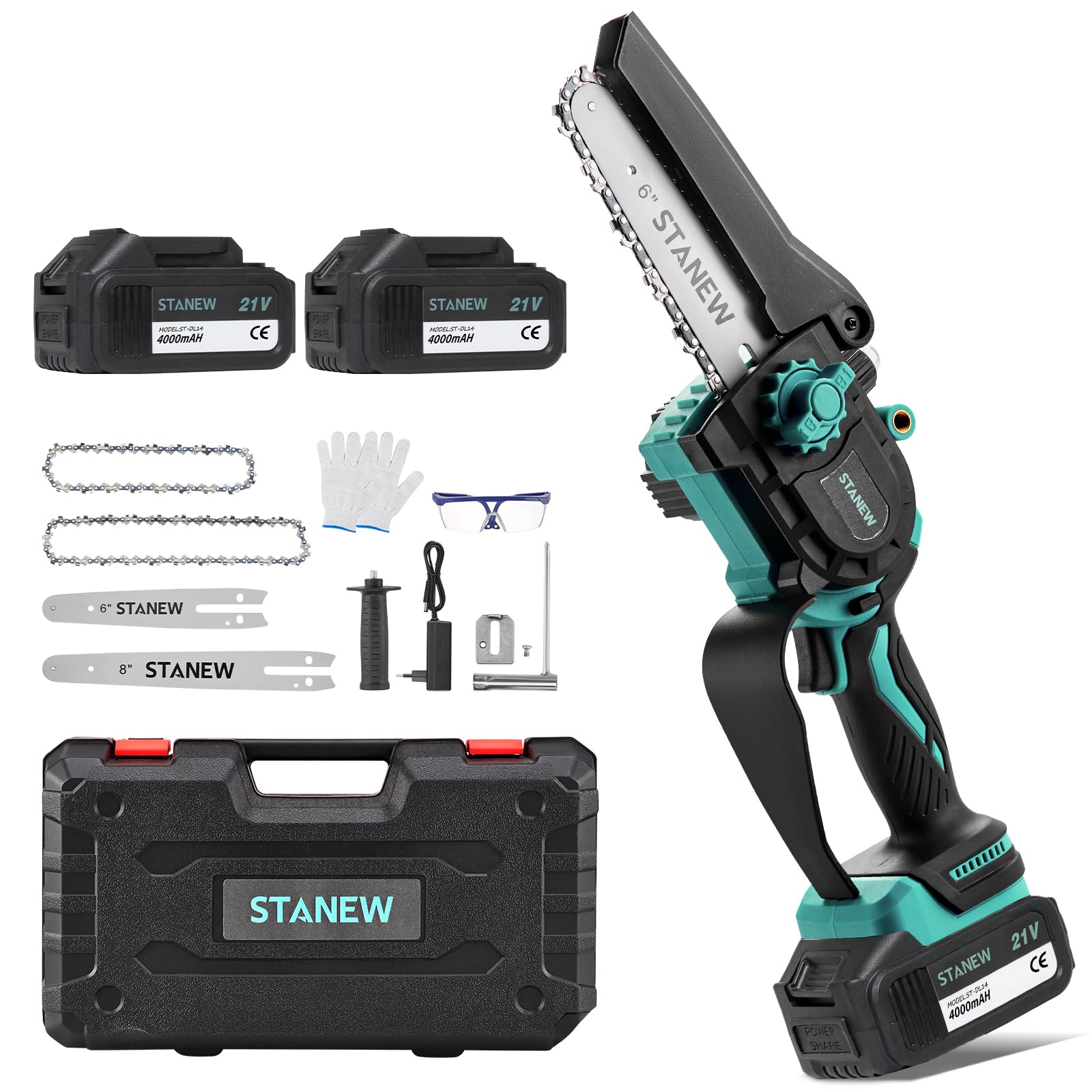 STANEW Mini Motosierra de batería sin escobillas de 6 pulgadas y 8 pulgadas, 2 baterías de 4000 mAh,2 guías y 2 cadenas,600 W motosierra eléctrica inalámbrica, motor sin escobillas para jardinería