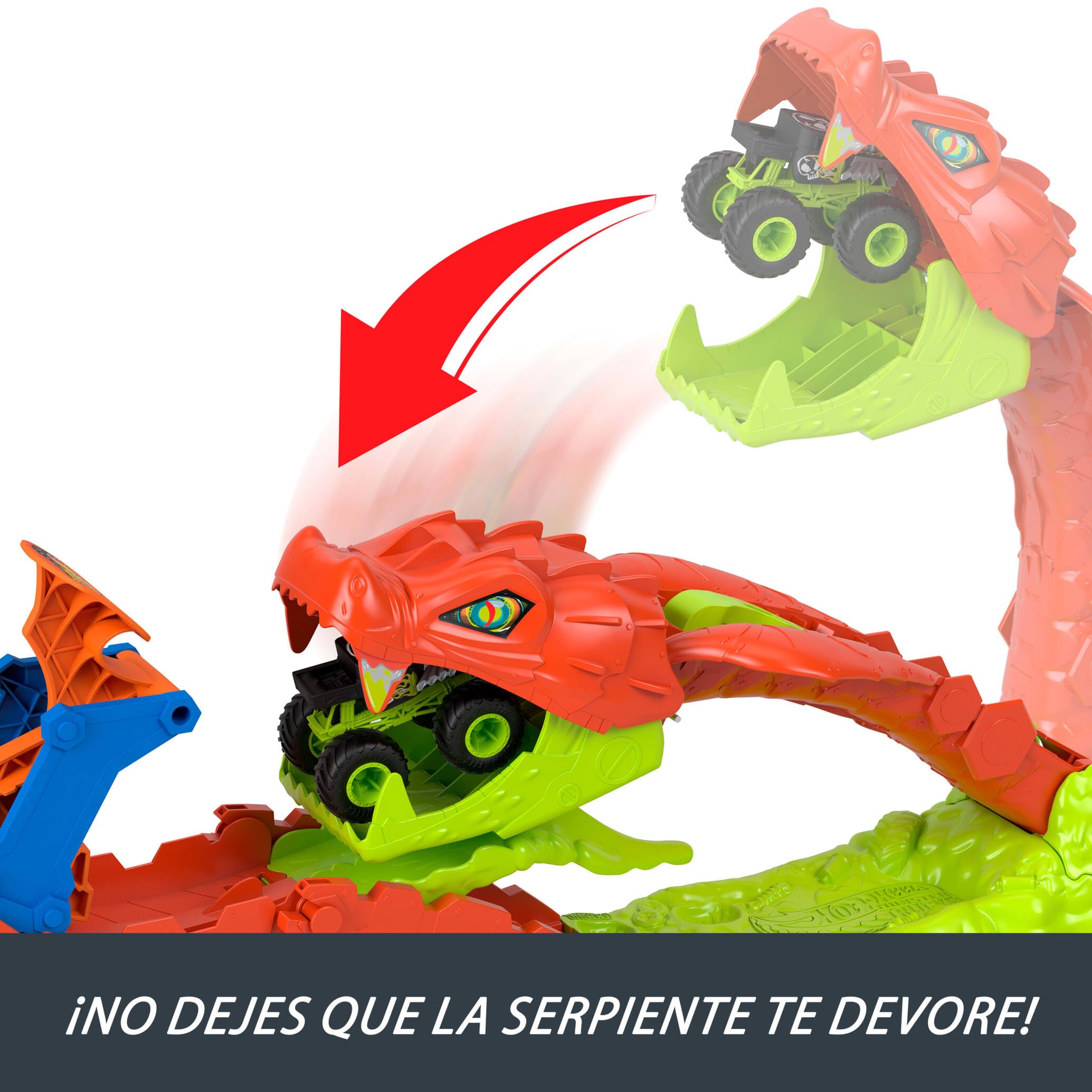 Hot Wheels Monster Trucks Derriba a la Serpiente, Conjunto de Juego de Juguete, Conjunto de Pista con vehículo de Juguete Bone Shaker Exclusivo a Escala 1:64, Incluye Pista, JJN44