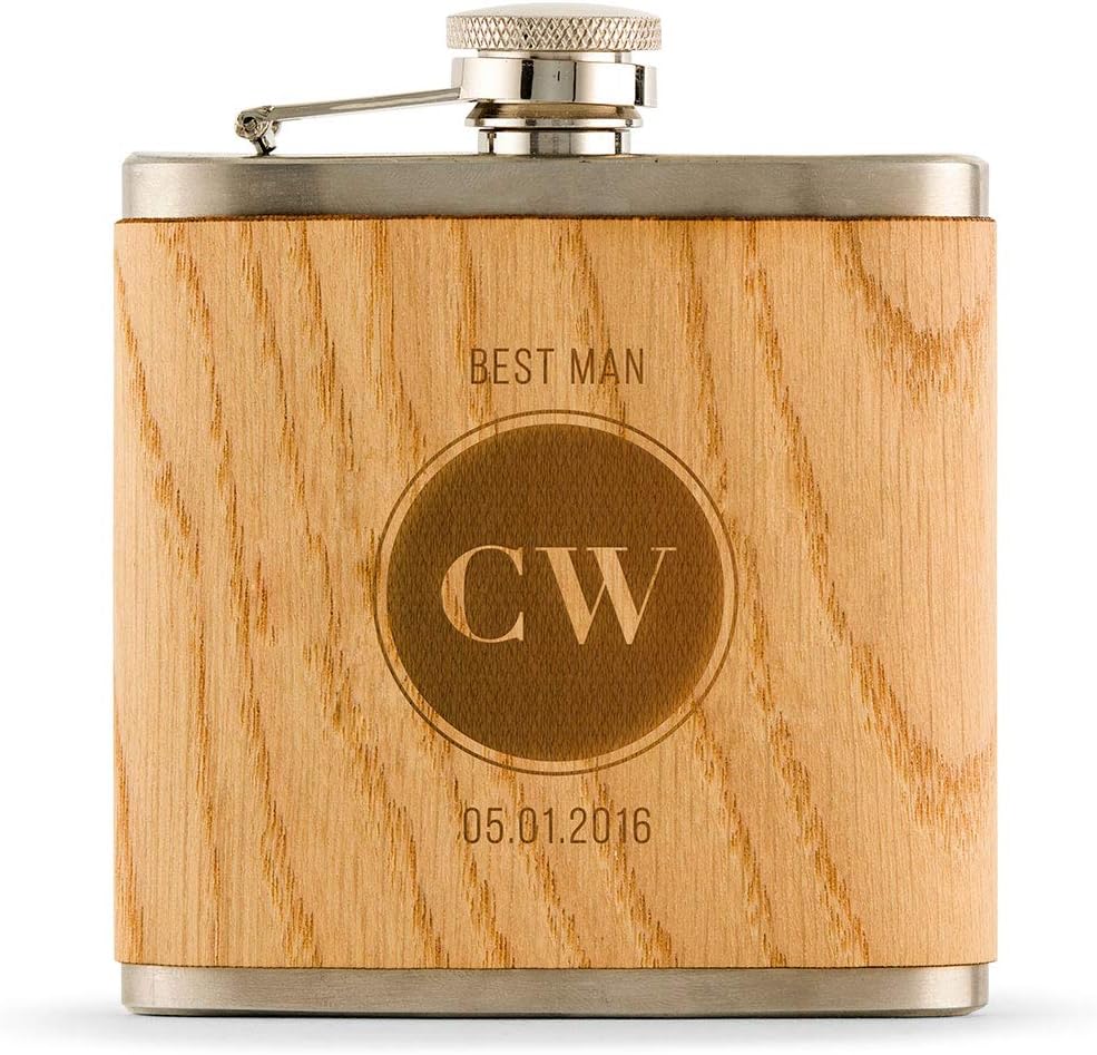 Weddingstar Personalized Custom Engraved 6oz Oak Wood Wrapped Hip Flask Stainless Steel Wedding Gift - Argyle Monogram Print