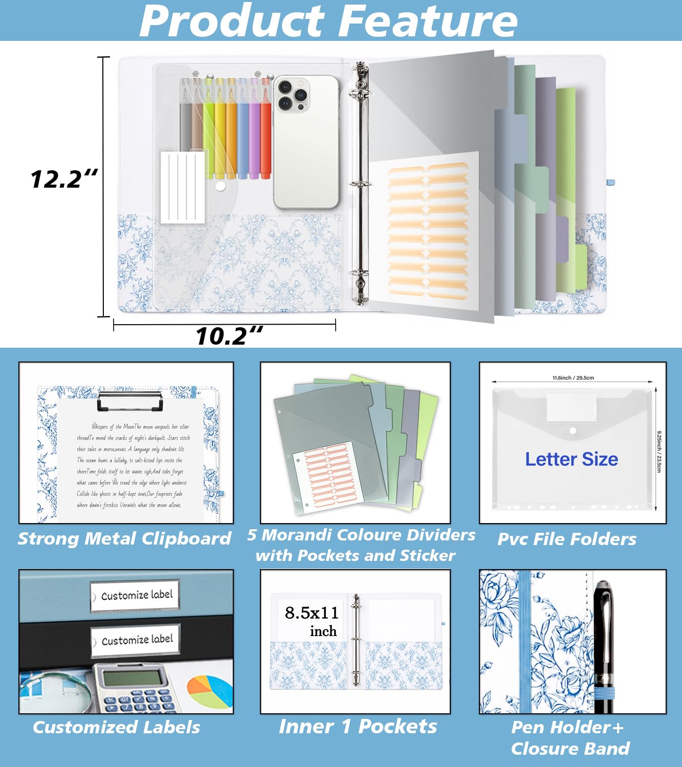 Classeur à 3 anneaux, classeur en cuir de 2,5 cm avec presse-papiers, intercalaires à 5 onglets, 18 intercalaires, dossier en plastique, porte-stylo (fleur bleue, format lettre)