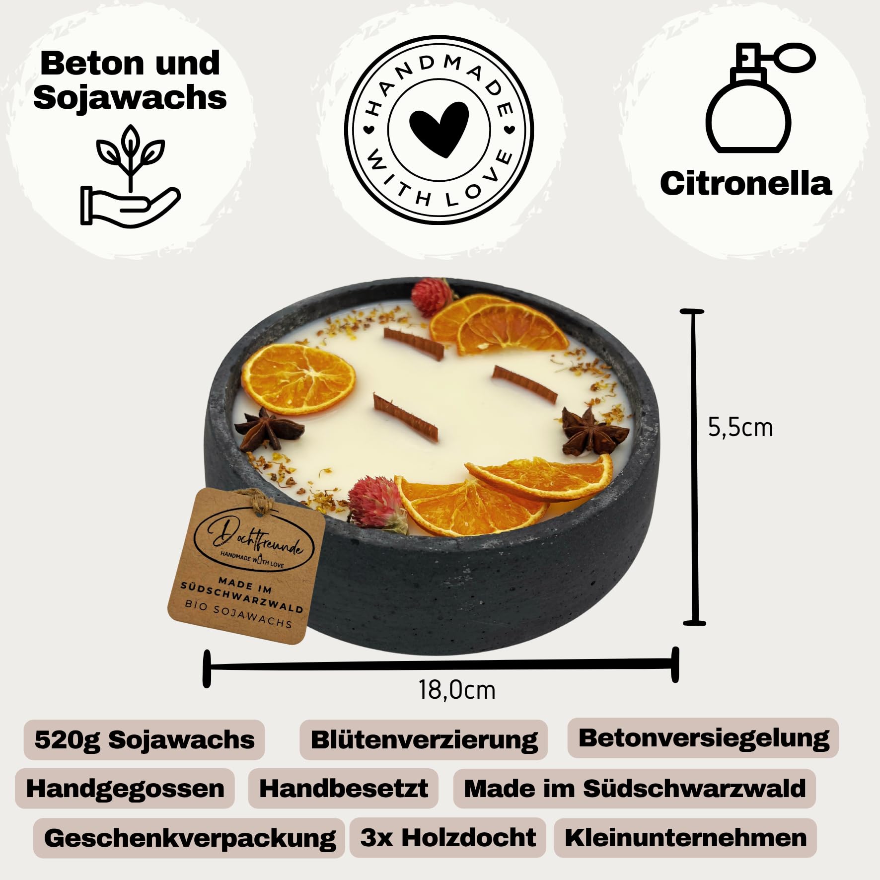 Citronella Betonkerze Black Edition, Sojawachs, ⌀18cm
