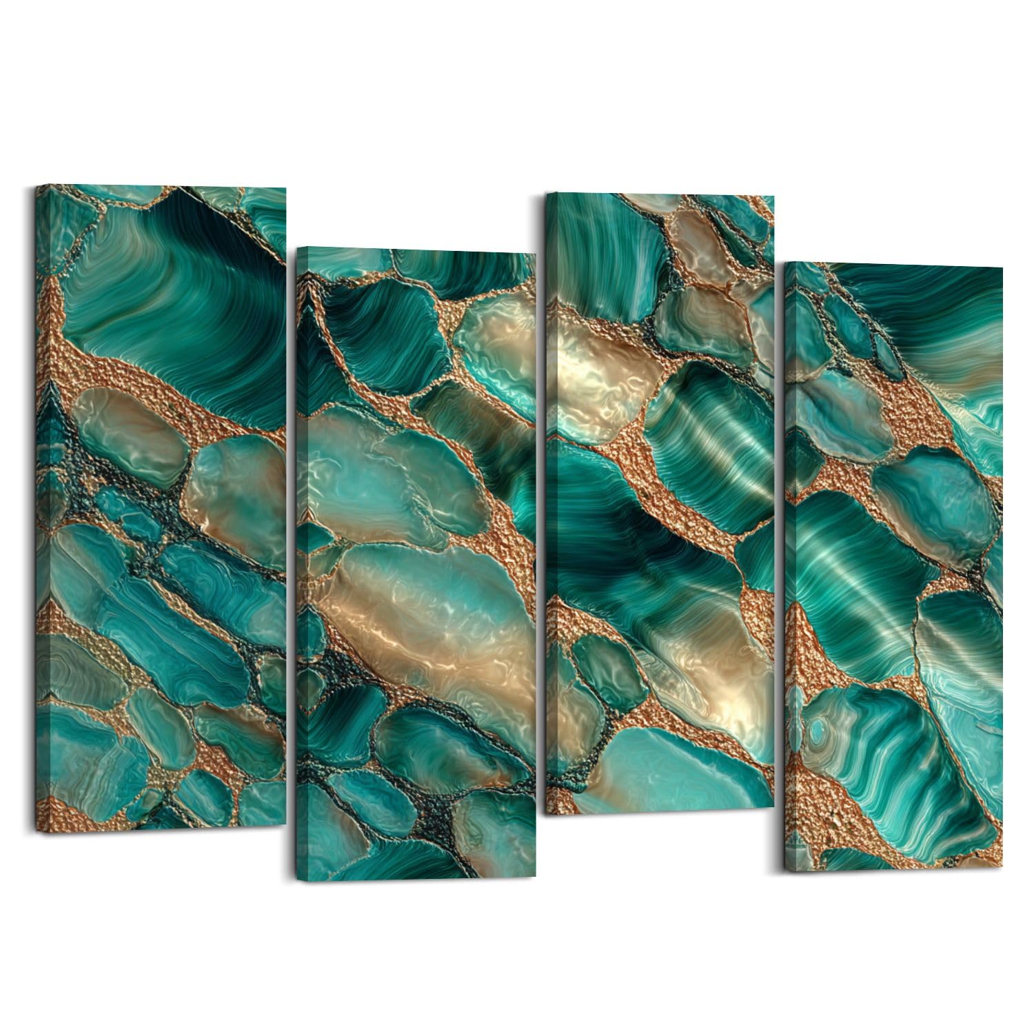 Canvas Wall Art Prints Pictures Pearl Abstract Seashell Crystal Texture Teal Gold Turquoise Light Blue Framed Posters Modern Wall Painting Artwork Gift Home Decor for Living Room Ready to Hang 4 Panel
