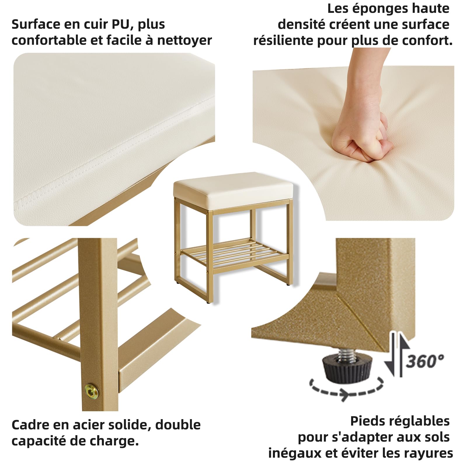 Aibiju Tabouret de Coiffeuse Carré, Tabouret de Coiffeuse et Espace de Rangement, Petit Banc de Maquillage pour Coiffeuse, Chambre à Coucher, Salon, Blanc avec Métal Doré YD-JD150W