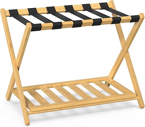 Miniatura 10 de Portaequipajes de bambú para habitación de invitados, soporte ancho para maleta con estante de almacenamiento, soporte de equipaje plegable para