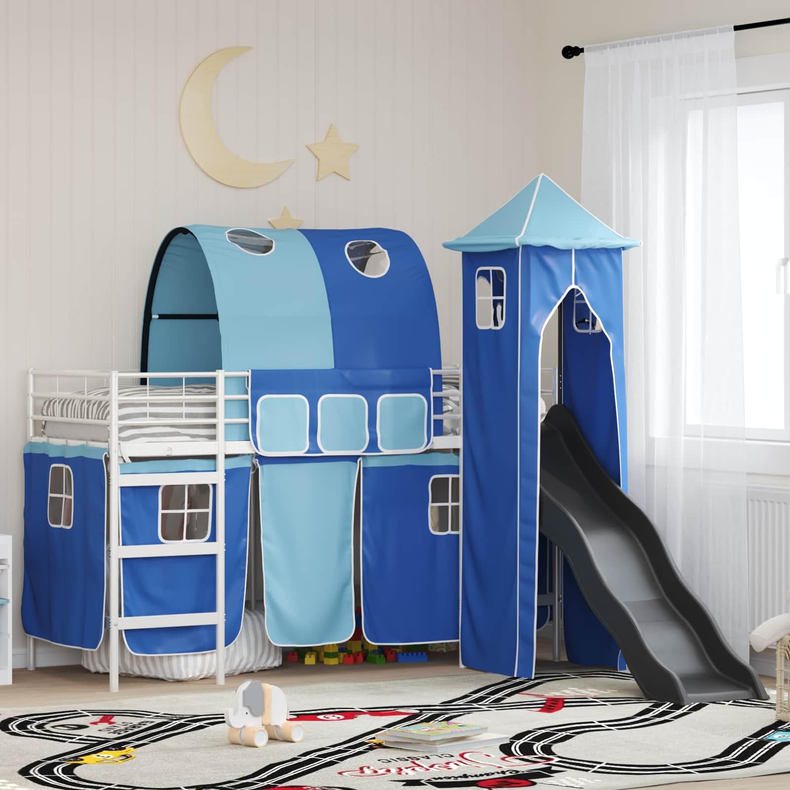 Homgoday Hochbett mit Rutsche und Vorhang, Metallrahmen, blau-schwarz, für Kinderzimmer - Hochbett Turm Hochbett Model42020899