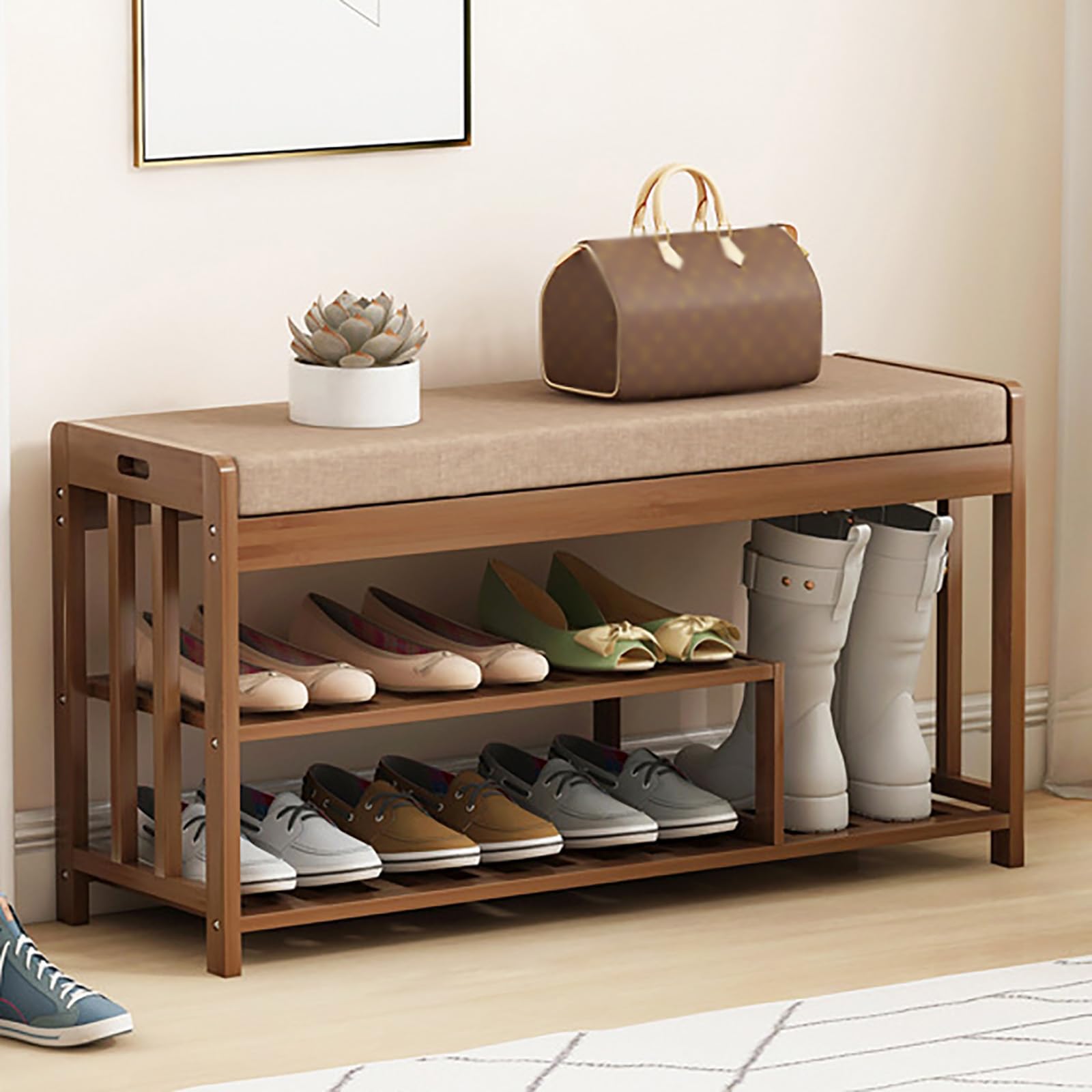 WJFTODAY Multifunctional Bamboo Shoe Bench with Padded Seat Open Storage Rack for Entryway Bedroom Living Room Corridor Dressing Room – 35.4in Width Stylish & Practical