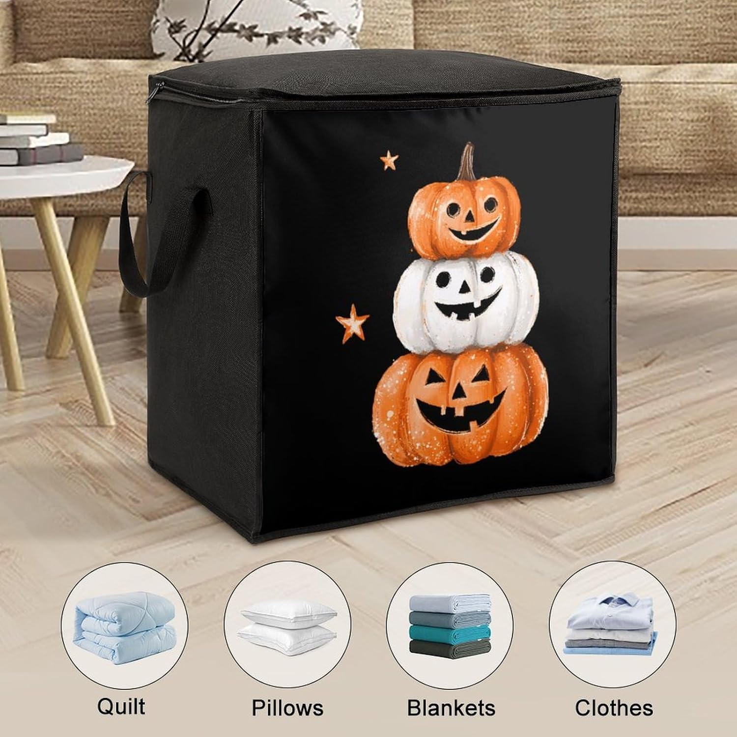 Halloween Cute Pumpkins Large Comforter Blanket Storage Bags Bins 70L Closet Organizer with Handles