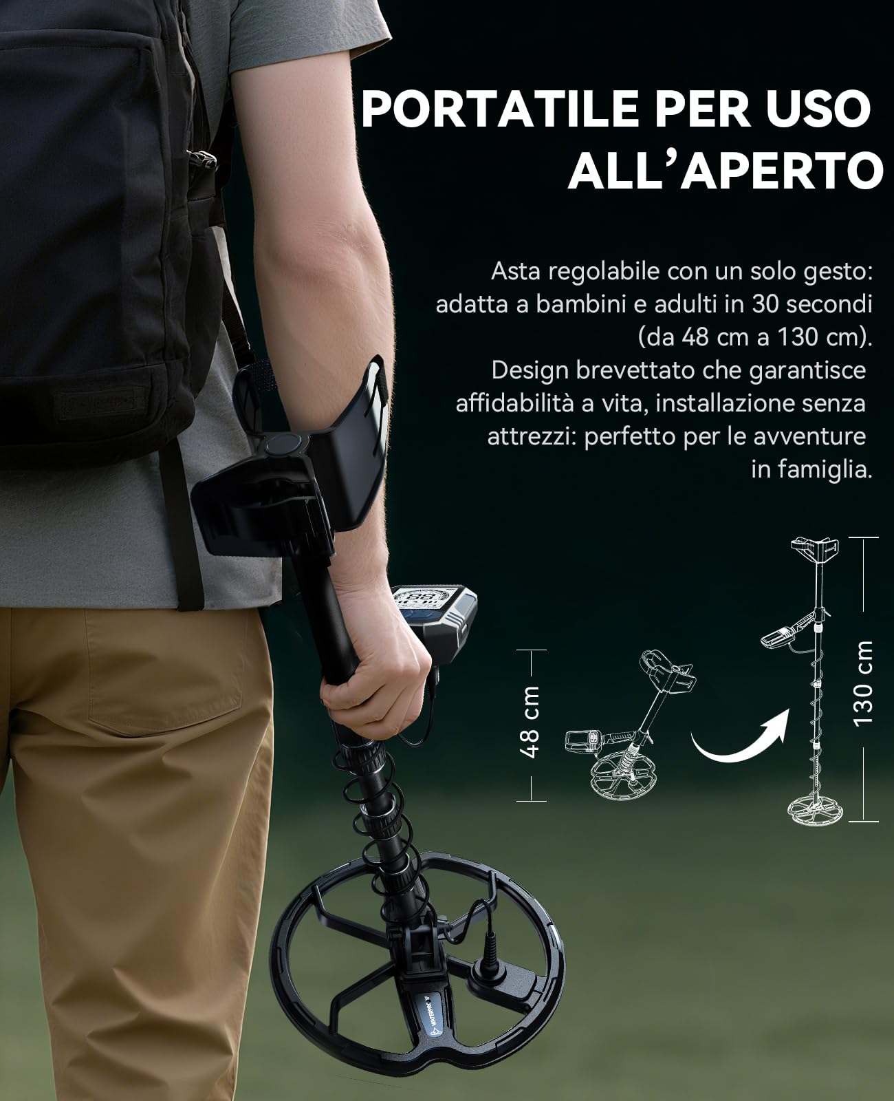 SUNPOW Metal Detector Professionale Ricaricabile per Adulti – Batteria 2500 mAh (35 h) – Metal Detector Impermeabile Oro IP68 con Bobina Double-D 25 cm, 4 modalità, Struttura Robusta – OTMD15