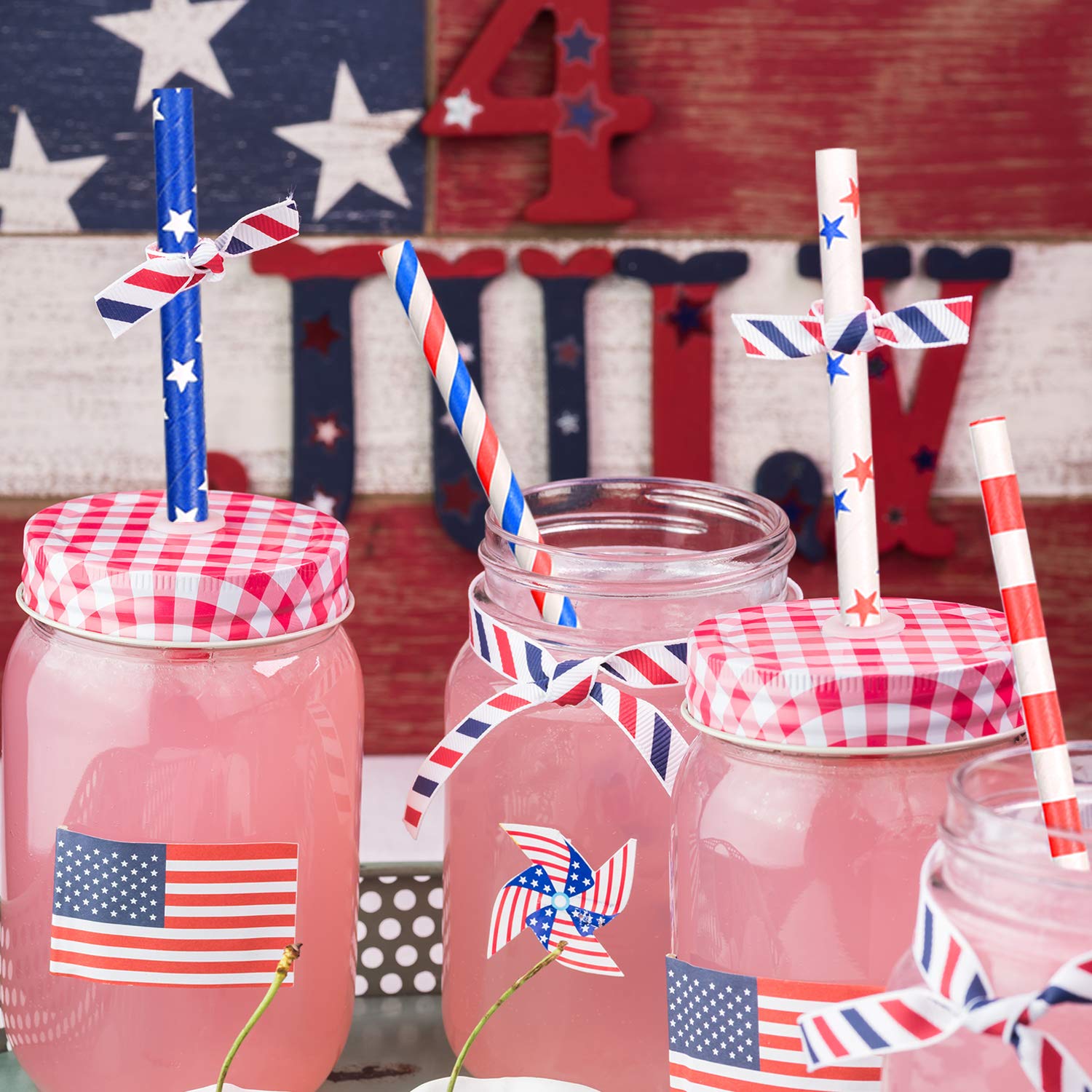 Cannucce di carta con bandiera americana, 200 pezzi, cannucce di carta rosse e blu, per giorno dell'indipendenza, commemorativo di 4a celebrazione di luglio