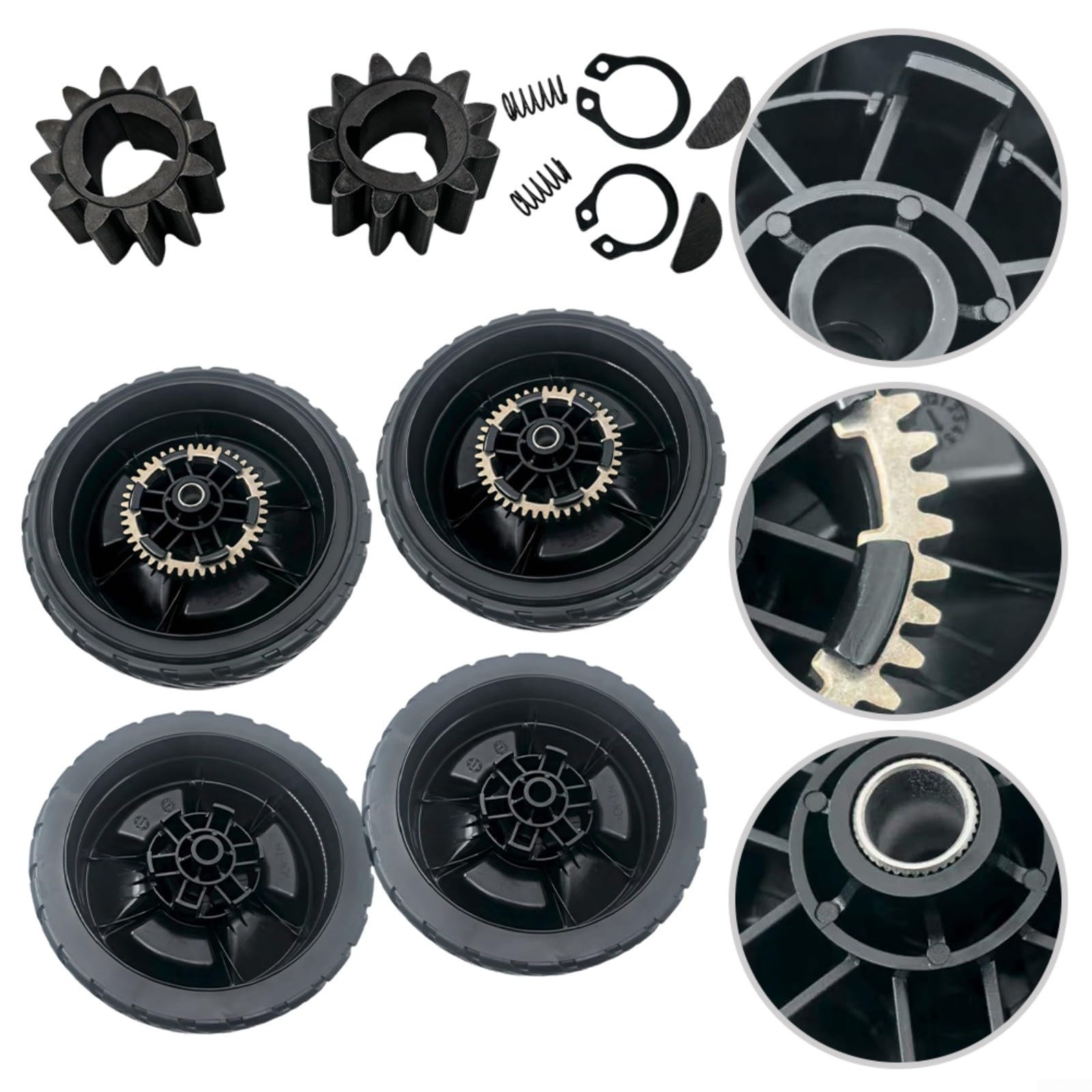 FUBESK Juego de ruedas de plástico para cortacésped de 8 pulgadas con engranaje de transmisión de 12 dientes serie HRN216, para modelos 44710-VR8-N00ZA y 42710-VR8-N00ZA (4 piezas delanteras y