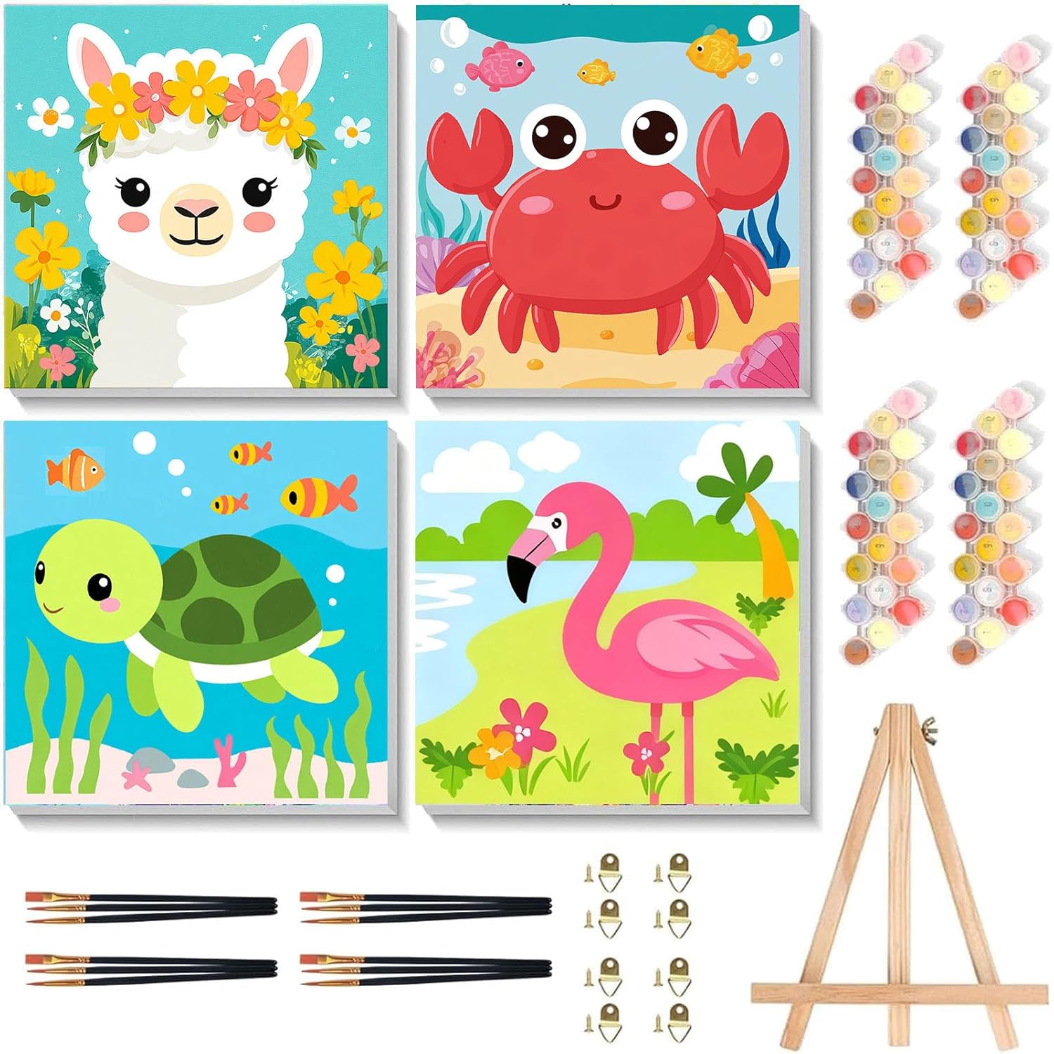 YarnWhimsy Paint by Numbers Children 4 Pieces, Painting by Numbers Animals with Frame, Craft Set Girls for Girls and Boys, Gift for from 6 7 8 10 Years with Framed Canvas & Easel, 20 x 20 cm